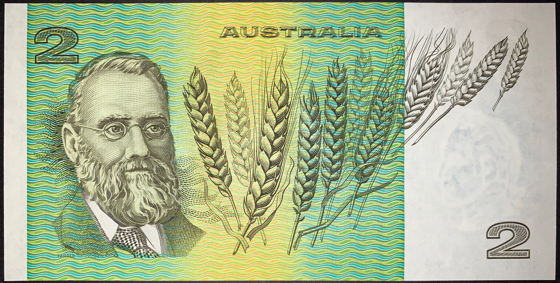 Australia 2 Dollar Banknote reverse featuring William Farrer portrait and wheat stalks, Australian agricultural heritage banknote