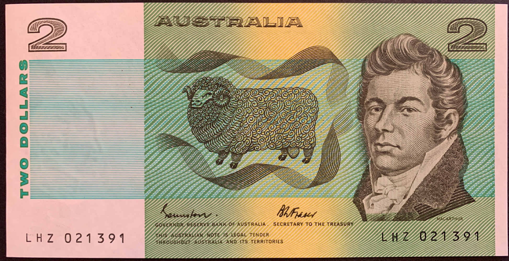 front of Australia 2 Dollars ND (1985) P-43e UNC collectible banknote with sheep and portrait