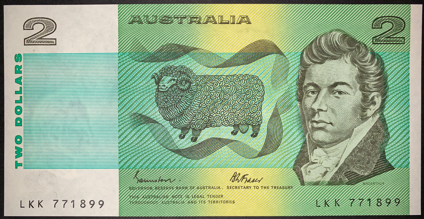Australia 2 Dollar Banknote featuring John Macarthur, Merino sheep and decorative security patterns, vintage Australian currency collectible