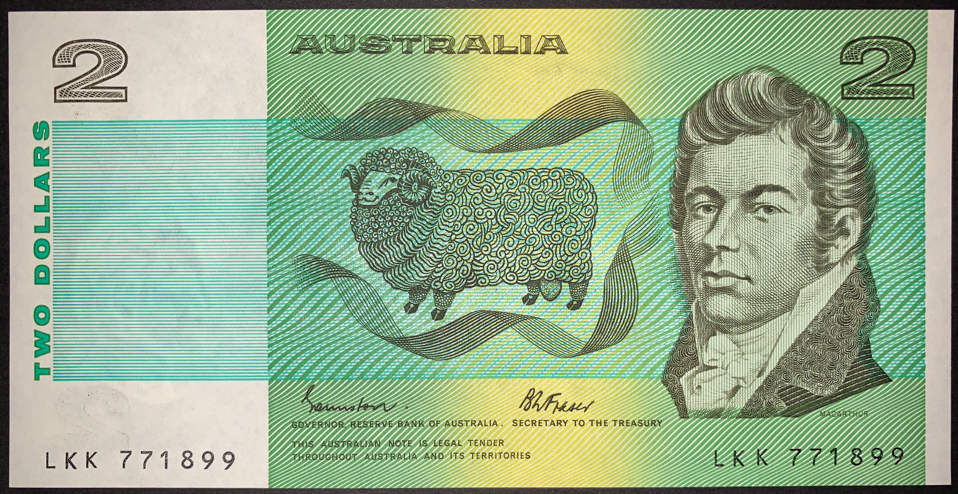 Australia 2 Dollar Banknote featuring John Macarthur, Merino sheep and decorative security patterns, vintage Australian currency collectible