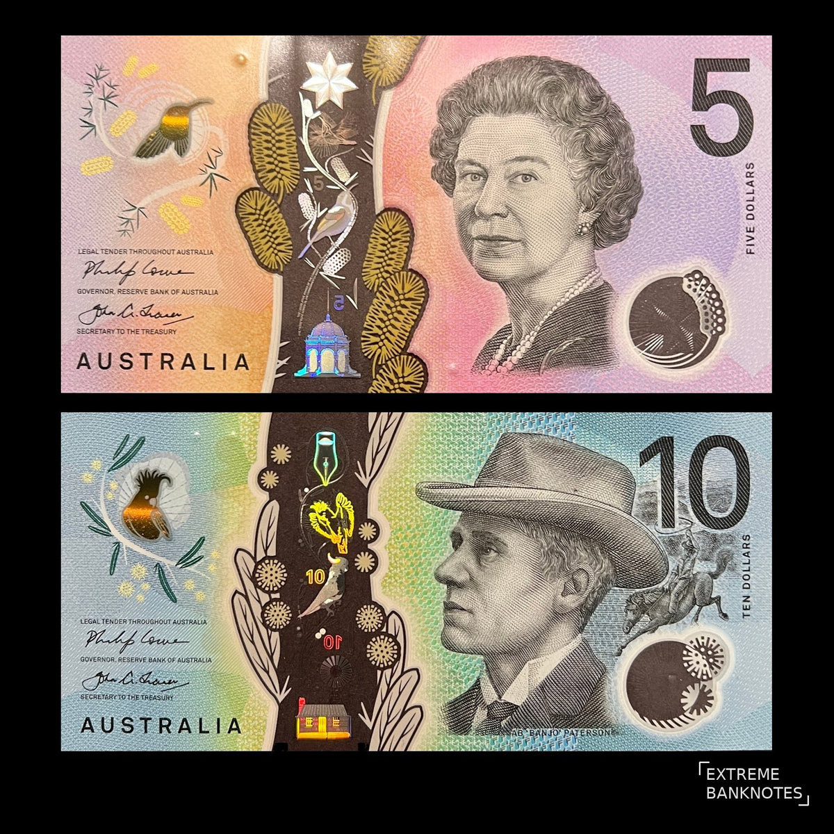 Front view of uncirculated Australia 5 and 10 Dollars polymer banknotes featuring Queen Elizabeth II and poet Banjo Paterson.