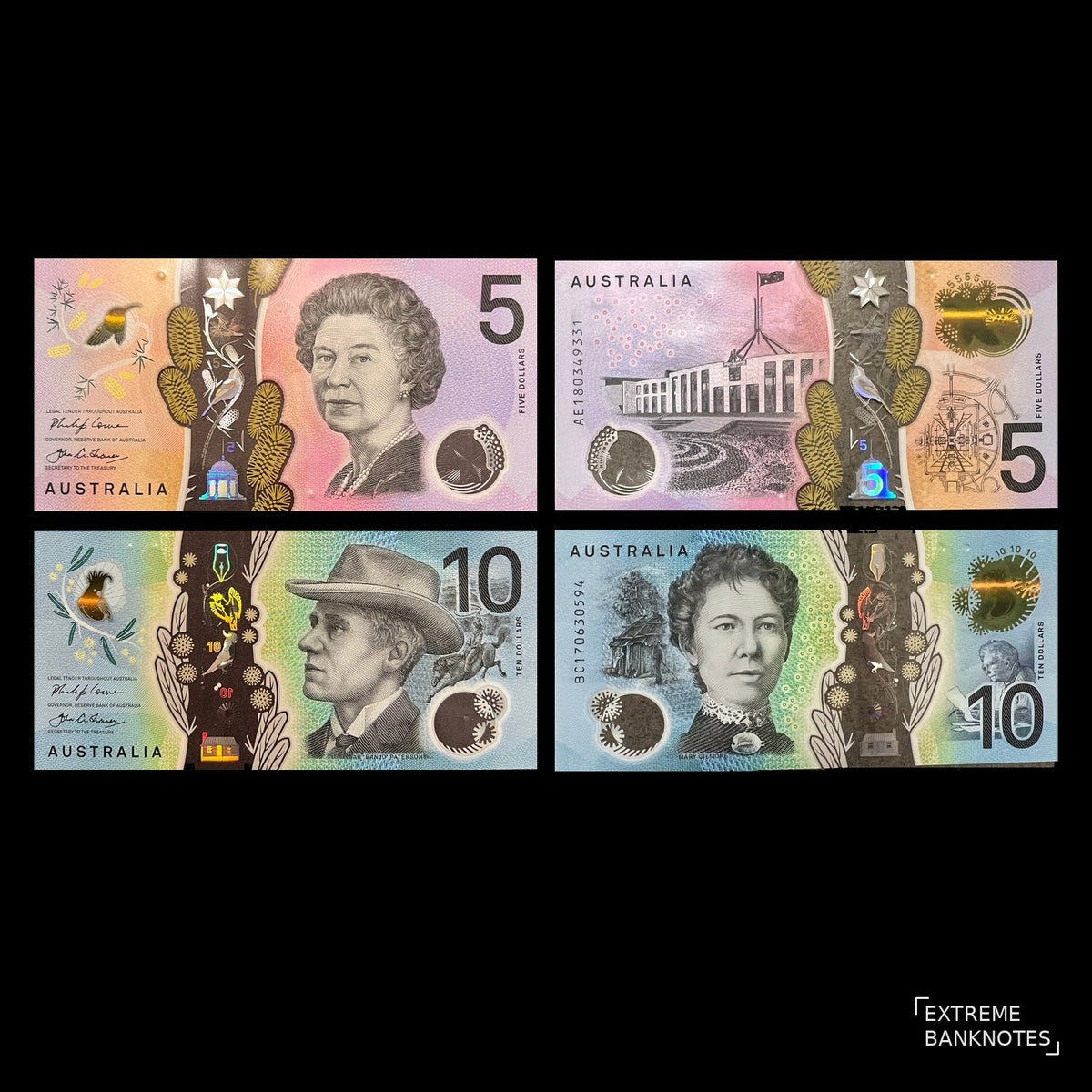 Australia 5 & 10 Dollars Polymer Set 2017-2018 UNC – fronts and backs of both notes, with Queen Elizabeth II, Banjo Paterson, Parliament House and Mary Gilmore