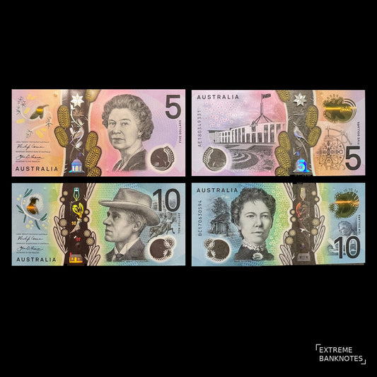 Australia 5 & 10 Dollars Polymer Set 2017-2018 UNC – fronts and backs of both notes, with Queen Elizabeth II, Banjo Paterson, Parliament House and Mary Gilmore