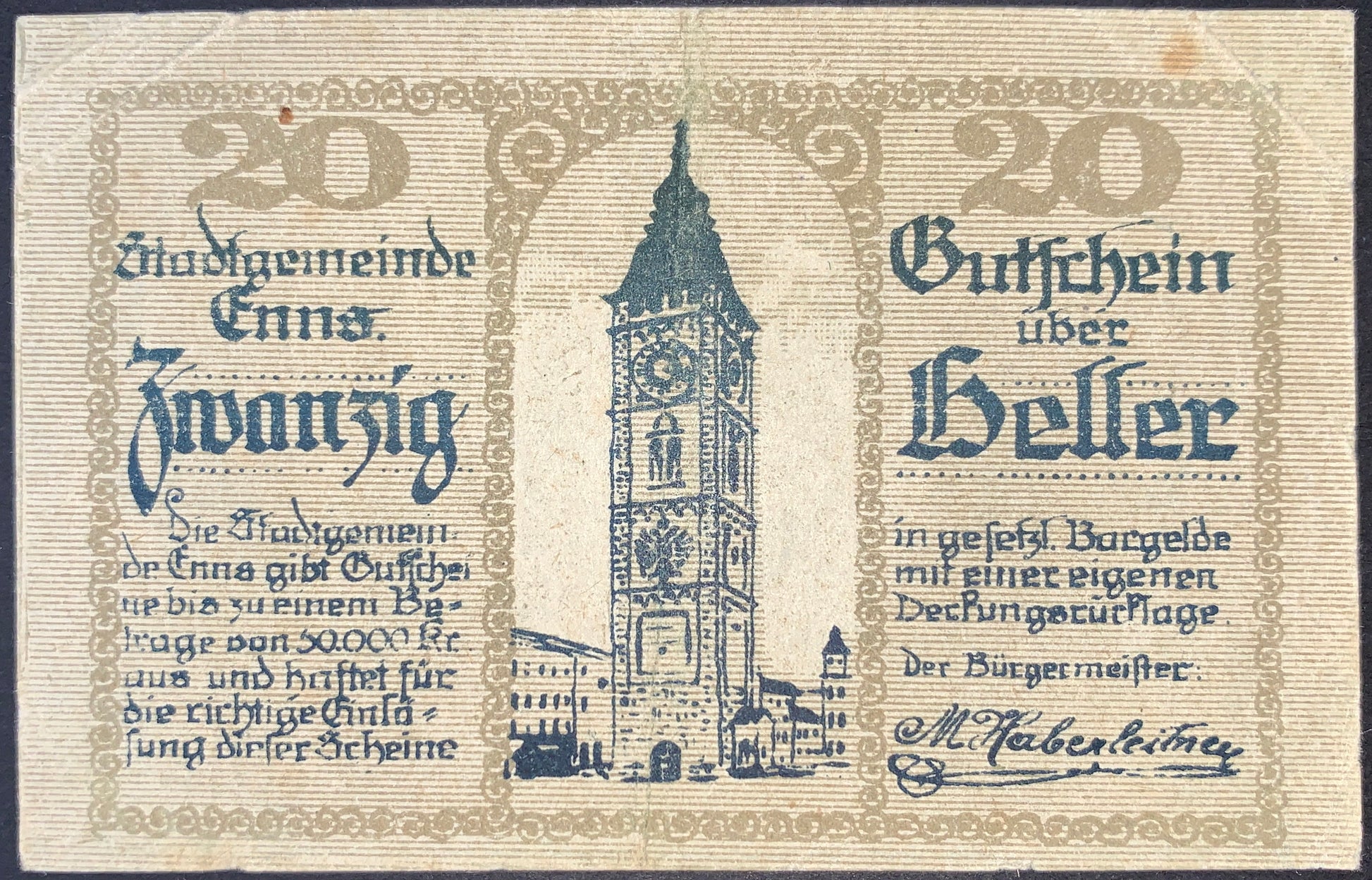 Austria 20 Heller 1920 Notgeld banknote reverse, Enns city tower illustration, Austrian local emergency currency, historic paper money