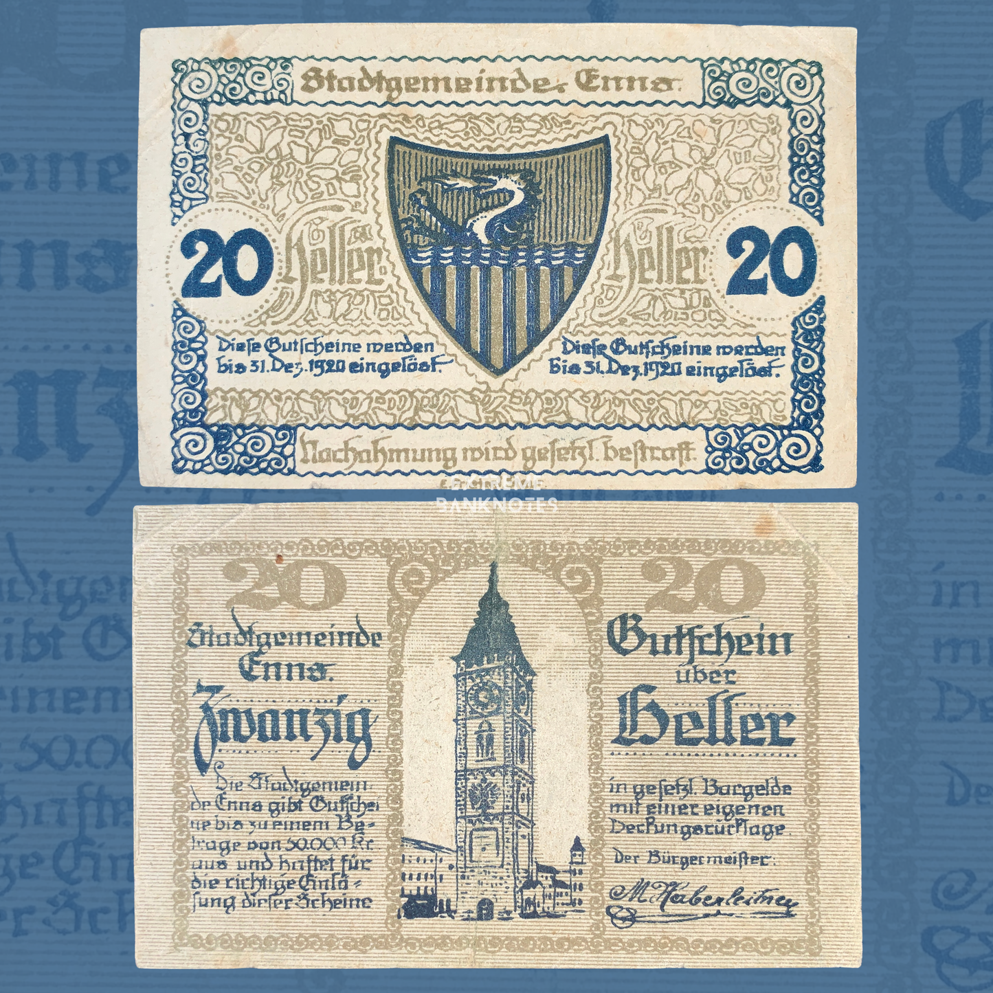 Austria 20 Heller 1920 Enns Notgeld banknote, front and back views, Austrian emergency money, Upper Austria local currency note
