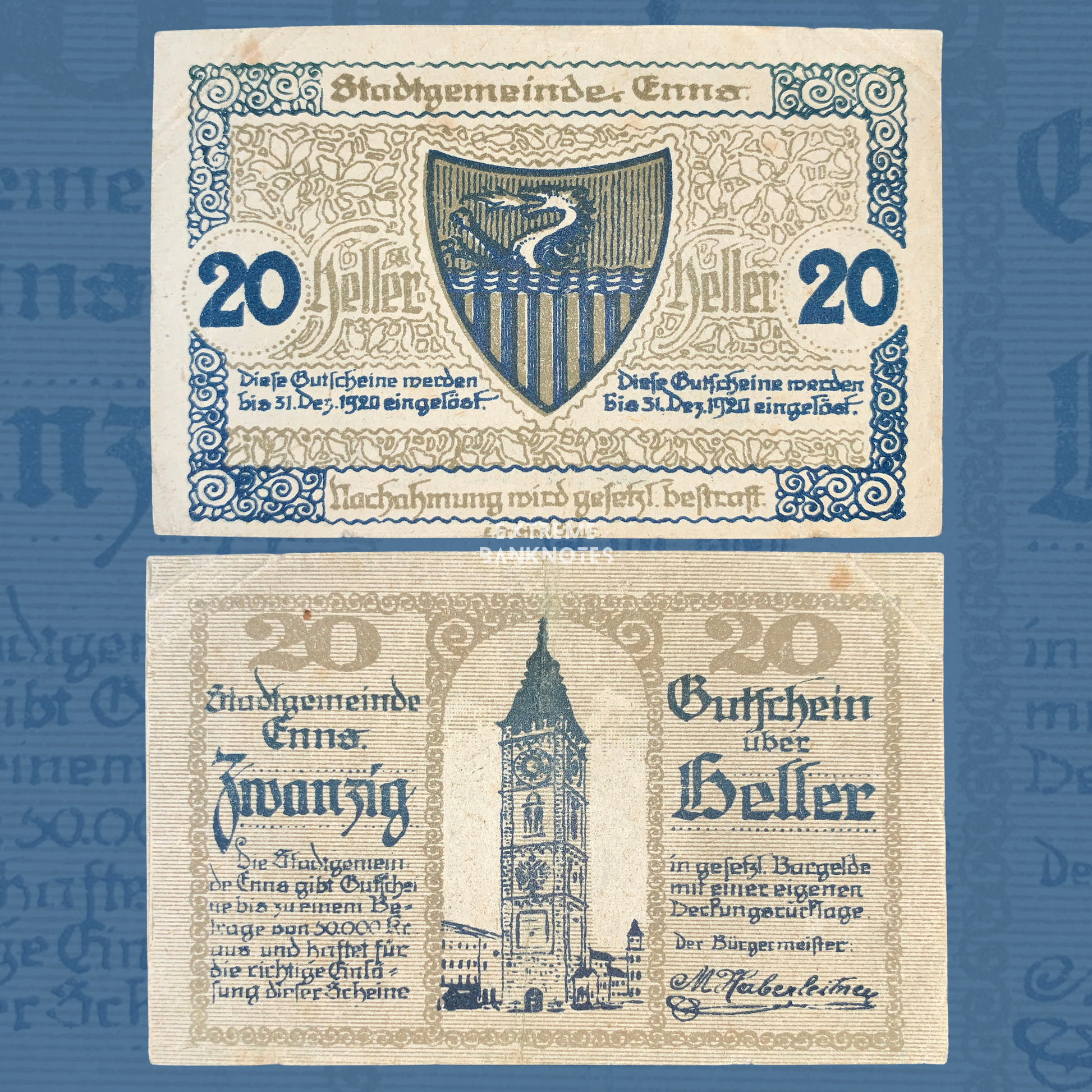 Austria 20 Heller 1920 Enns Notgeld banknote, front and back views, Austrian emergency money, Upper Austria local currency note