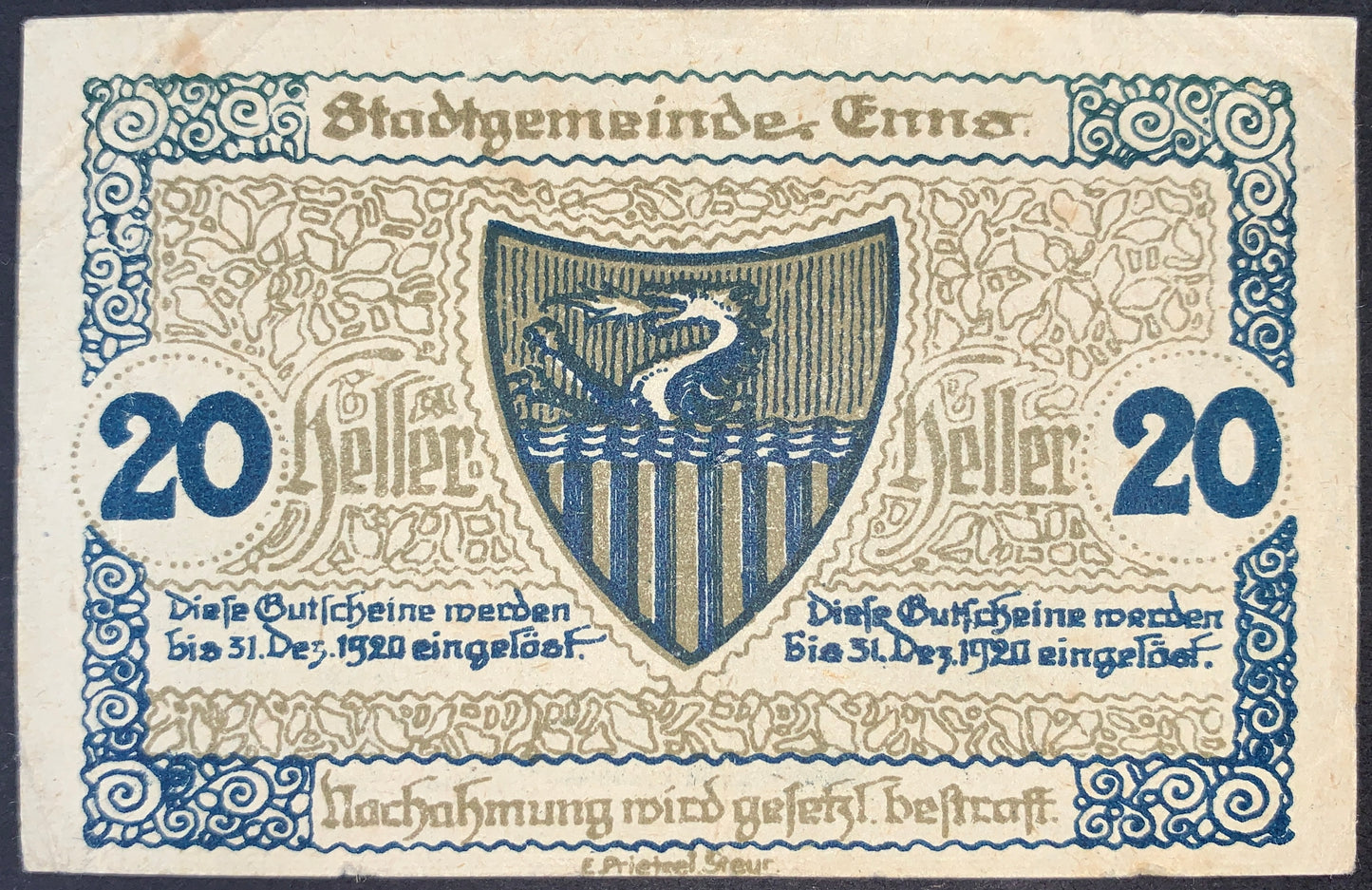 Austria 20 Heller 1920 Notgeld banknote obverse, City of Enns emergency issue, municipal coat of arms, blue ornamental design