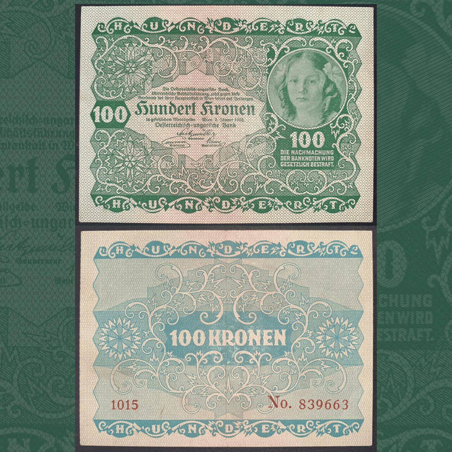 Austria 100 Kronen banknote (1922) P-75, obverse and reverse views, issued by the Austro-Hungarian Bank, featuring ornate green and blue security engraving, portrait vignette, decorative guilloche patterns, serial numbers, and denomination "100 Kronen", collectible historic Austrian paper money from the post-World War I inflation era.