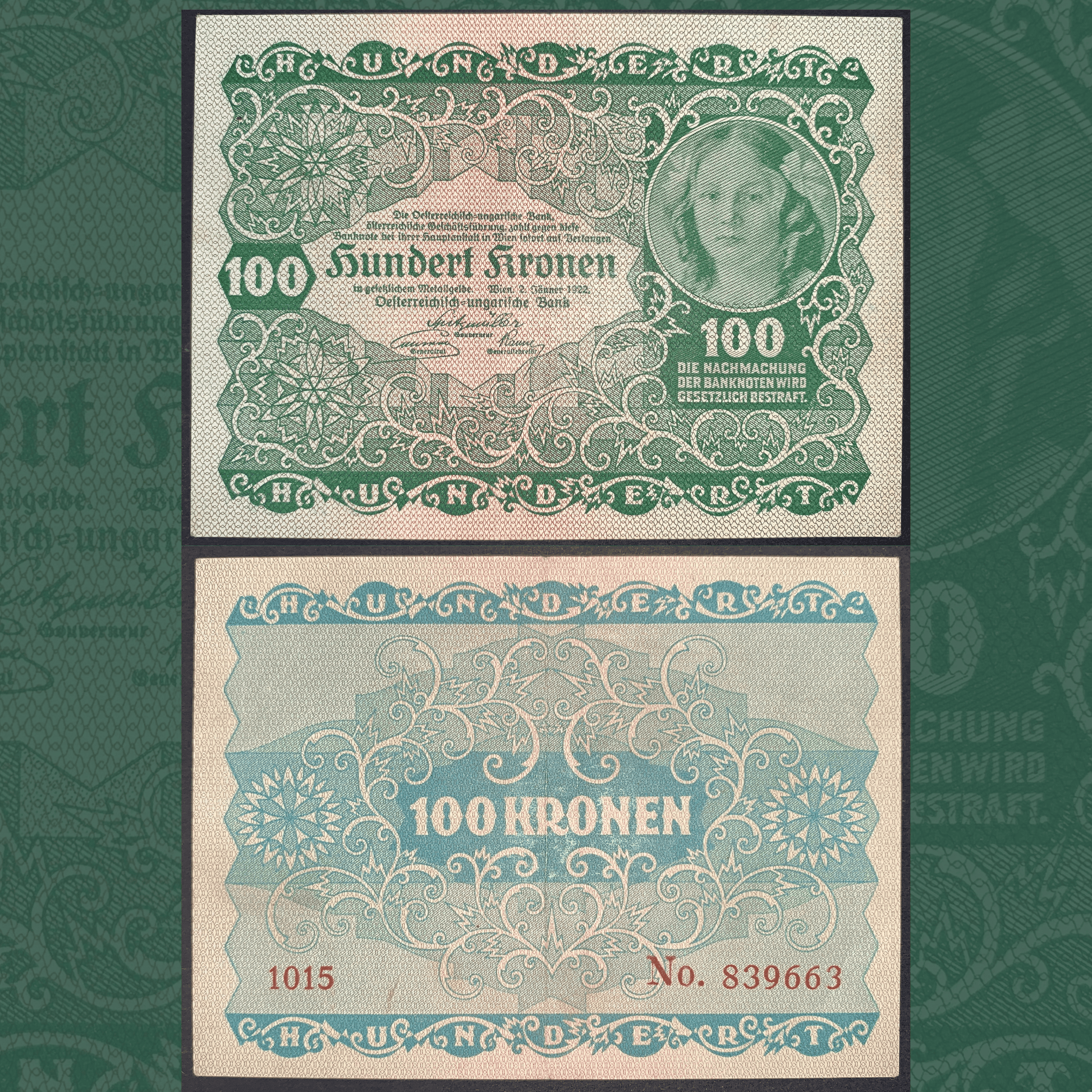 Austria 100 Kronen banknote (1922) P-75, obverse and reverse views, issued by the Austro-Hungarian Bank, featuring ornate green and blue security engraving, portrait vignette, decorative guilloche patterns, serial numbers, and denomination "100 Kronen", collectible historic Austrian paper money from the post-World War I inflation era.