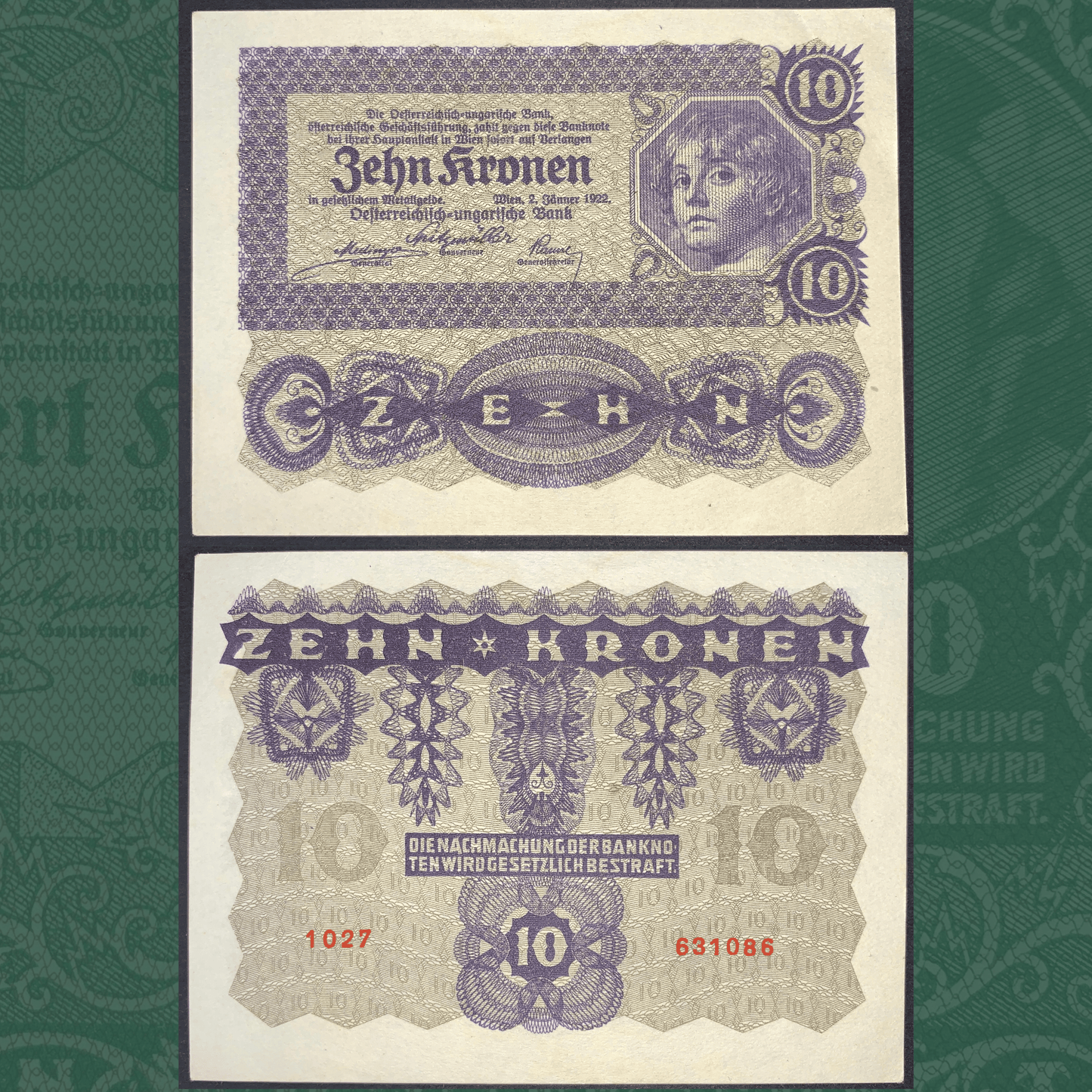 Austria 10 Kronen banknote (1922) P-76, obverse and reverse views, issued by the Austro-Hungarian Bank, featuring a classical portrait, intricate purple security patterns, ornate guilloche engraving, serial numbers, and denomination "10 Kronen", historic Austrian emergency-era currency and collectible world banknote.