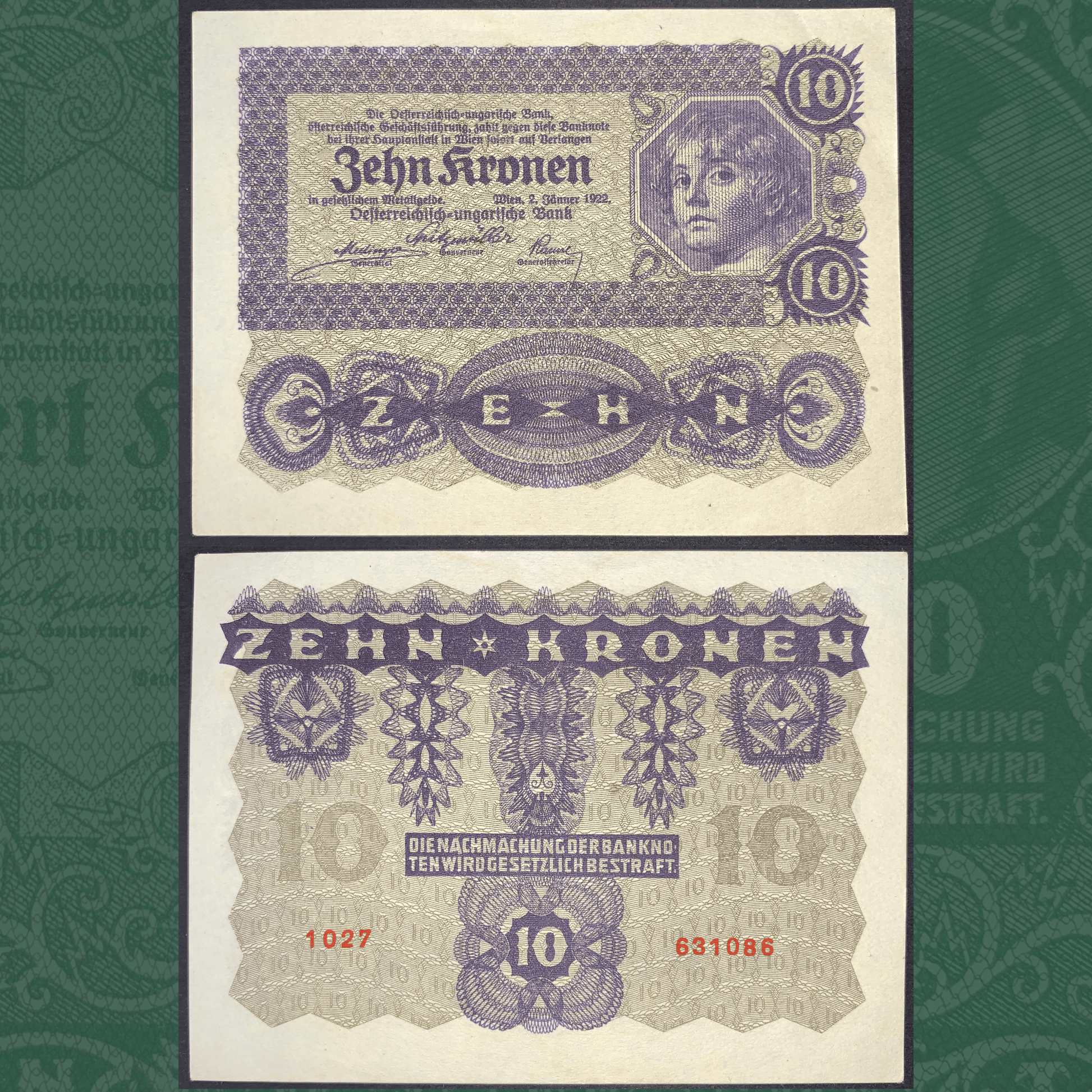 Austria 10 Kronen banknote (1922) P-76, obverse and reverse views, issued by the Austro-Hungarian Bank, featuring a classical portrait, intricate purple security patterns, ornate guilloche engraving, serial numbers, and denomination "10 Kronen", historic Austrian emergency-era currency and collectible world banknote.