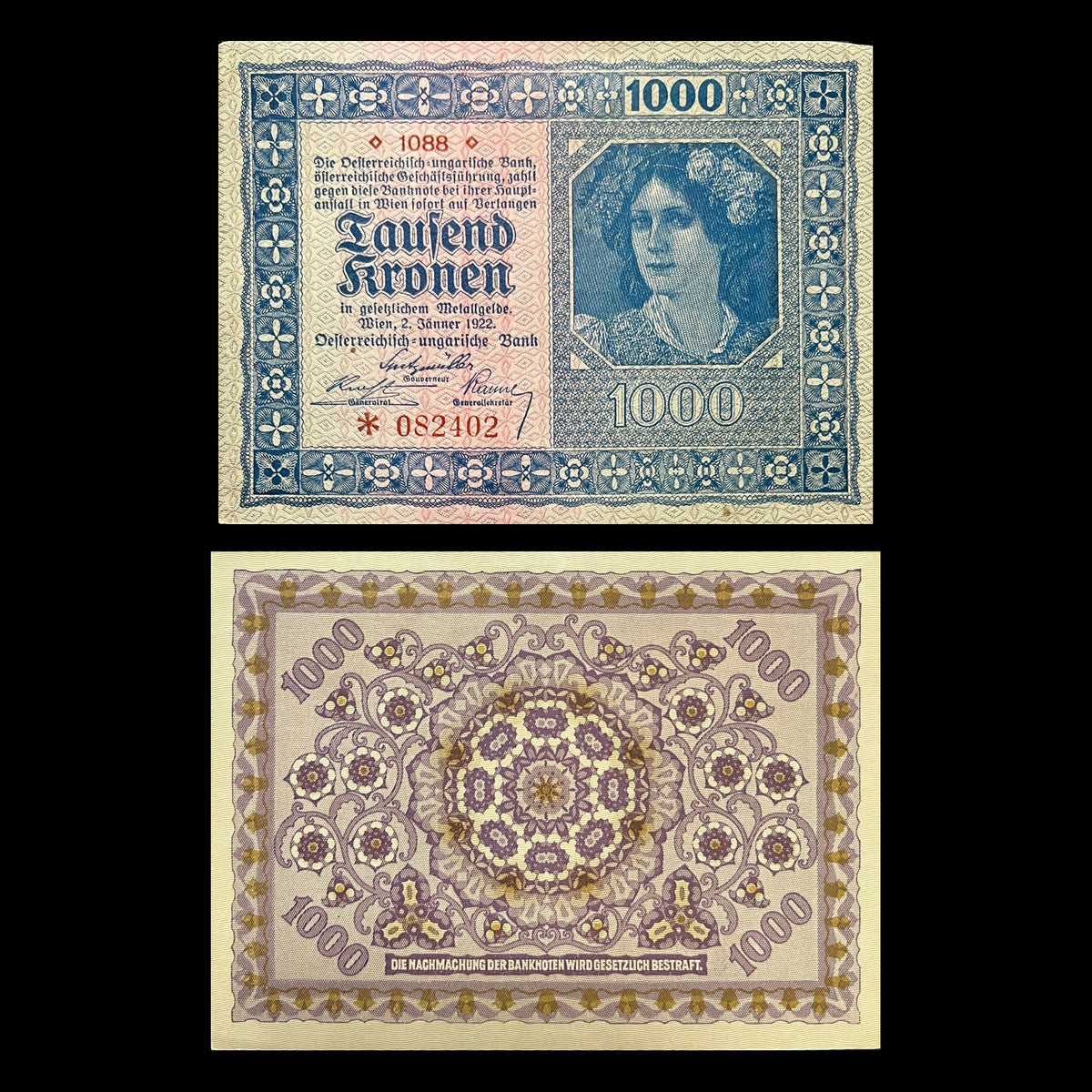 Austria 1000 Kronen 1922 P-78 VF banknote – front with a young woman in a floral wreath, back with an ornamental rosette