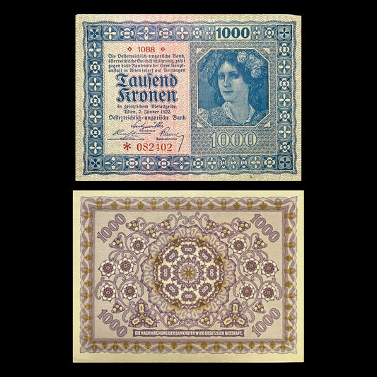 Austria 1000 Kronen 1922 P-78 VF banknote – front with a young woman in a floral wreath, back with an ornamental rosette