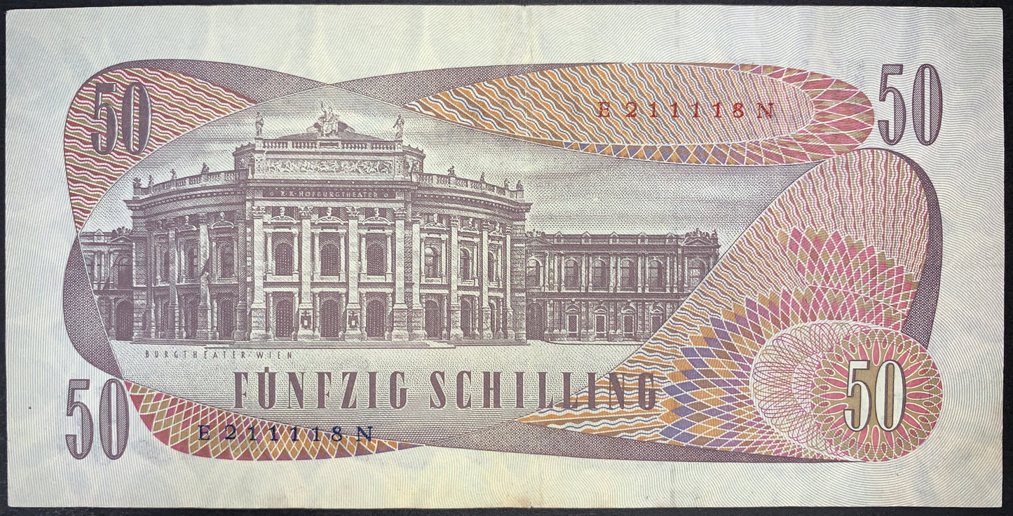 back of Austria 50 Schillin 1970 P-143 VF collectible vintage banknote with building of Burgtheatre in Vienna