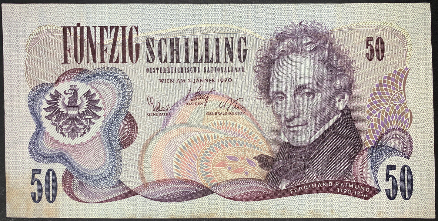 front of Austria 50 Schillin 1970 P-143 VF collectible vintage banknote with portrait of Ferdinand Raimund
