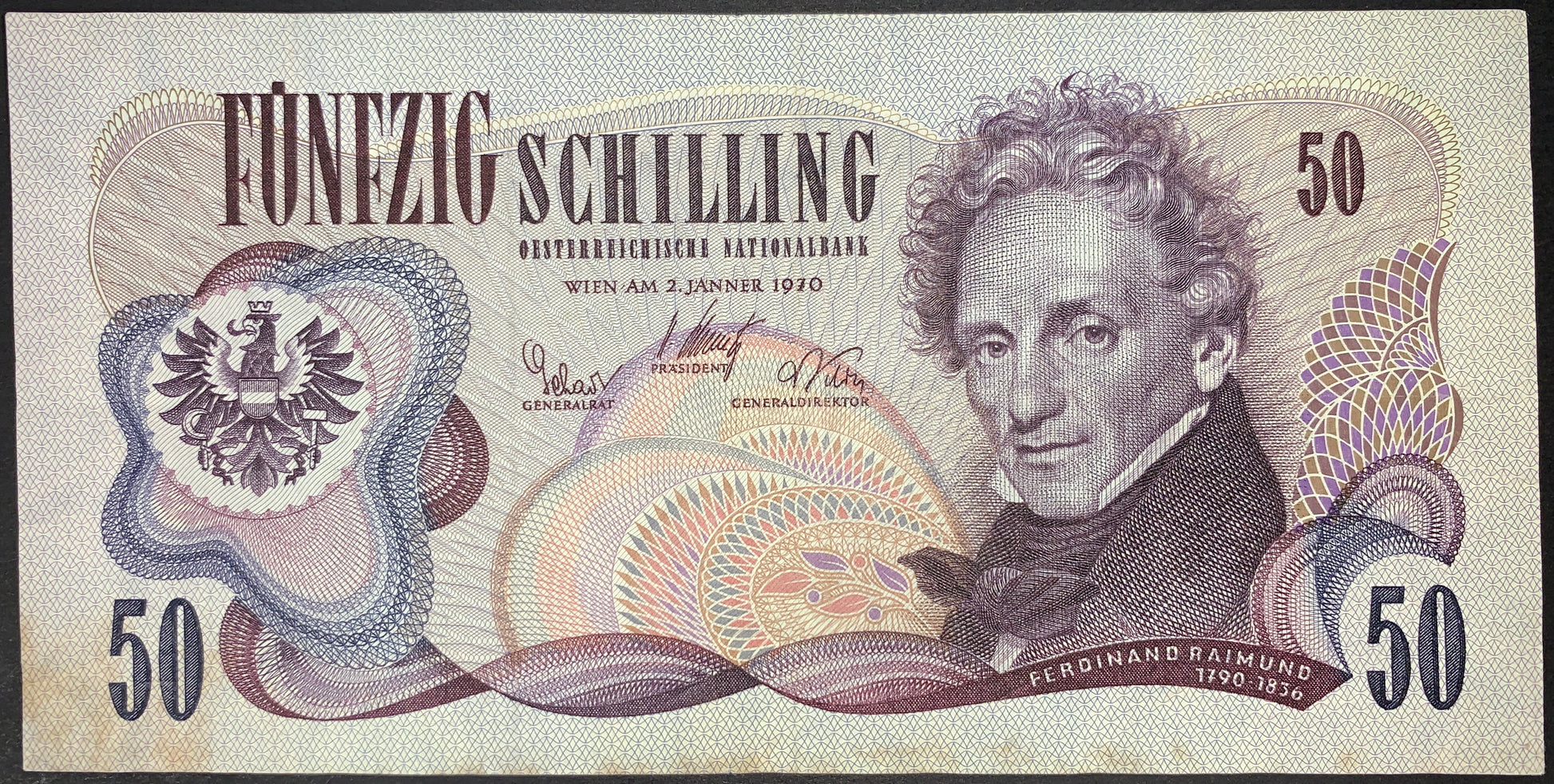 front of Austria 50 Schillin 1970 P-143 VF collectible vintage banknote with portrait of Ferdinand Raimund