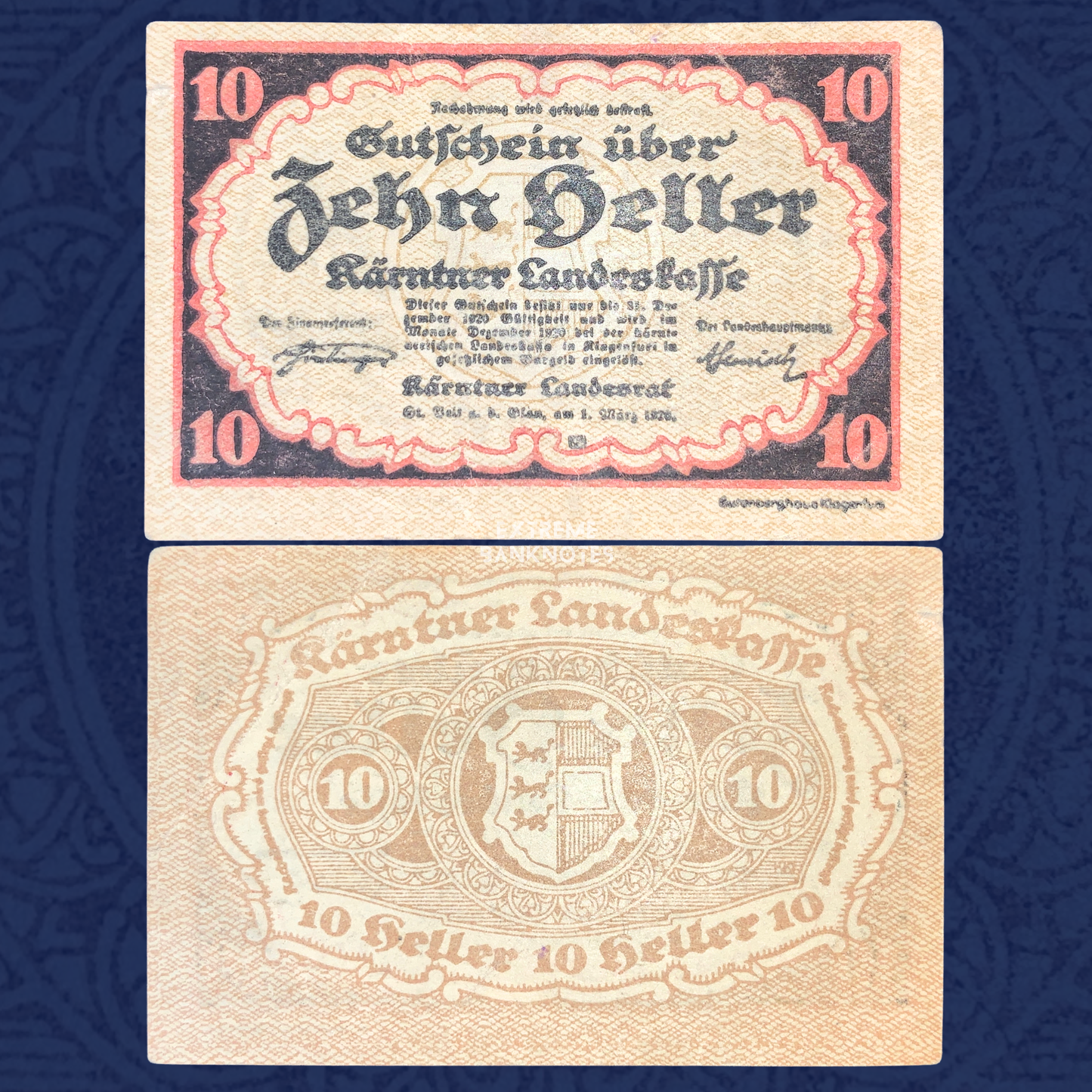 Austria Carinthia 10 Heller 1920 notgeld banknote front and reverse, issued by Kärntner Landeskasse, featuring red and black decorative border, Gothic script, and Carinthian heraldic emblem on reverse
