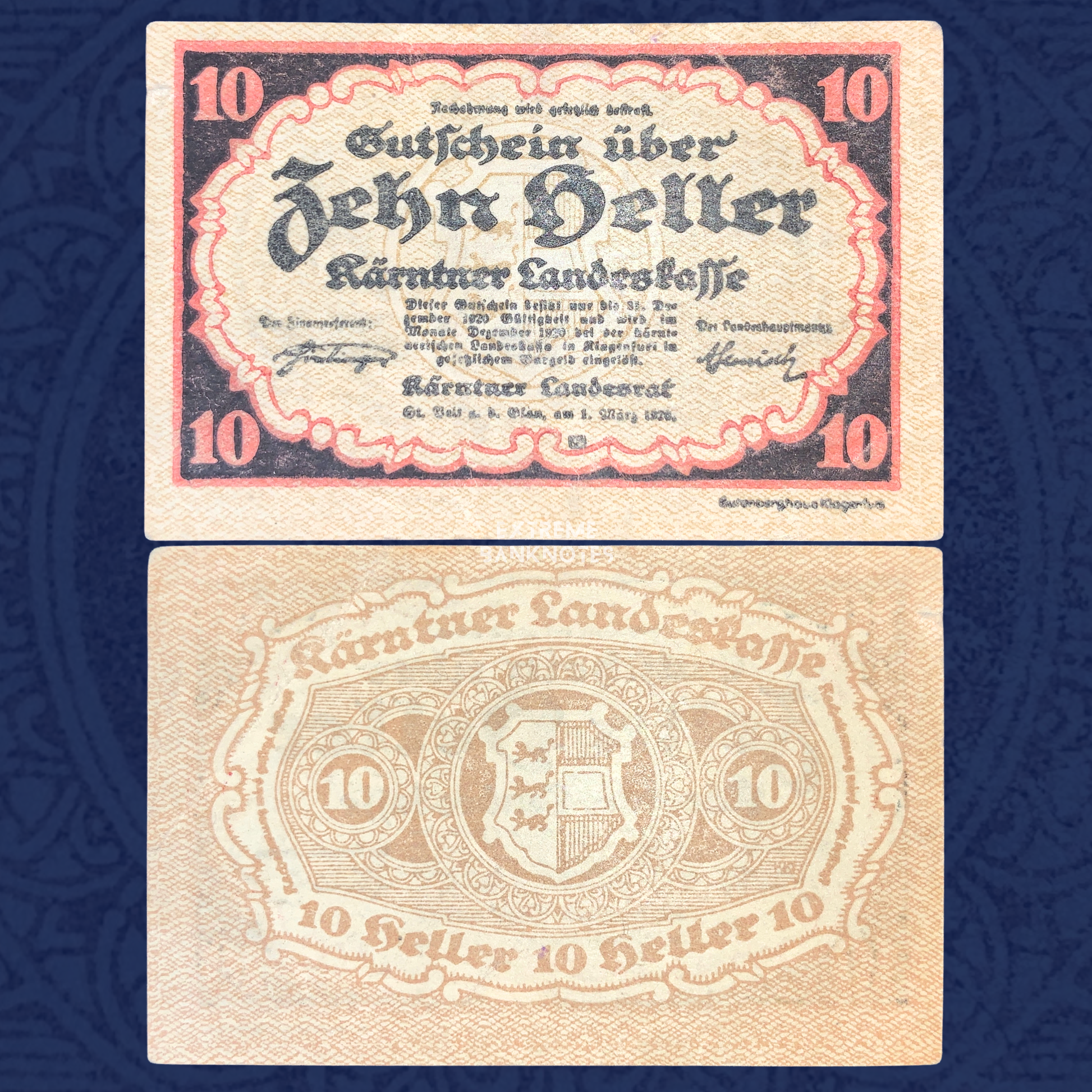 Austria Carinthia 10 Heller 1920 notgeld banknote front and reverse, issued by Kärntner Landeskasse, featuring red and black decorative border, Gothic script, and Carinthian heraldic emblem on reverse