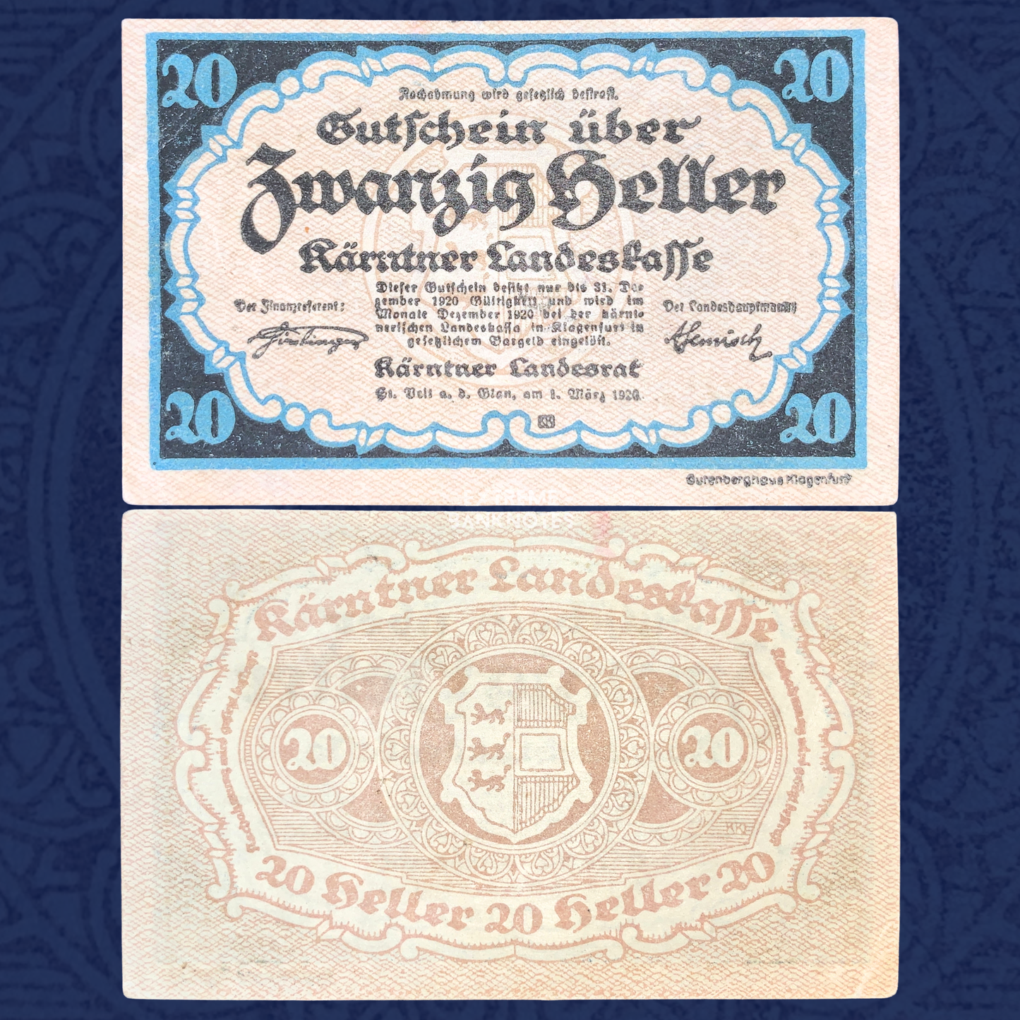 Austria Carinthia 20 Heller 1920 notgeld banknote front and reverse, issued by Kärntner Landeskasse, featuring blue and black ornamental design, Gothic lettering, and Carinthian coat of arms on reverse