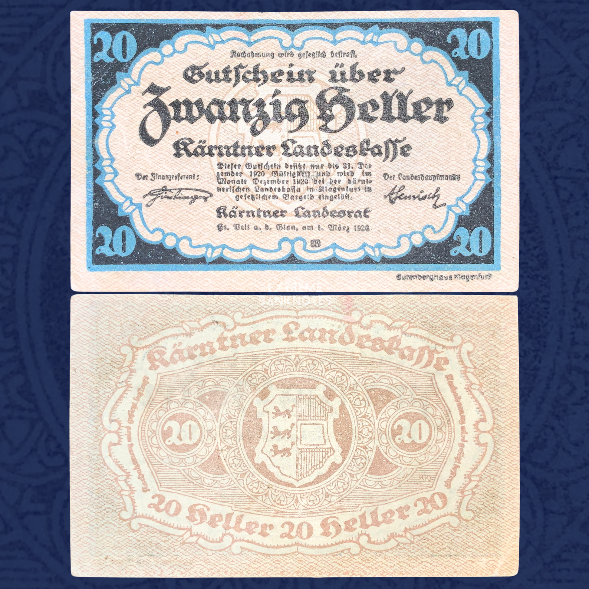 Austria Carinthia 20 Heller 1920 notgeld banknote front and reverse, issued by Kärntner Landeskasse, featuring blue and black ornamental design, Gothic lettering, and Carinthian coat of arms on reverse