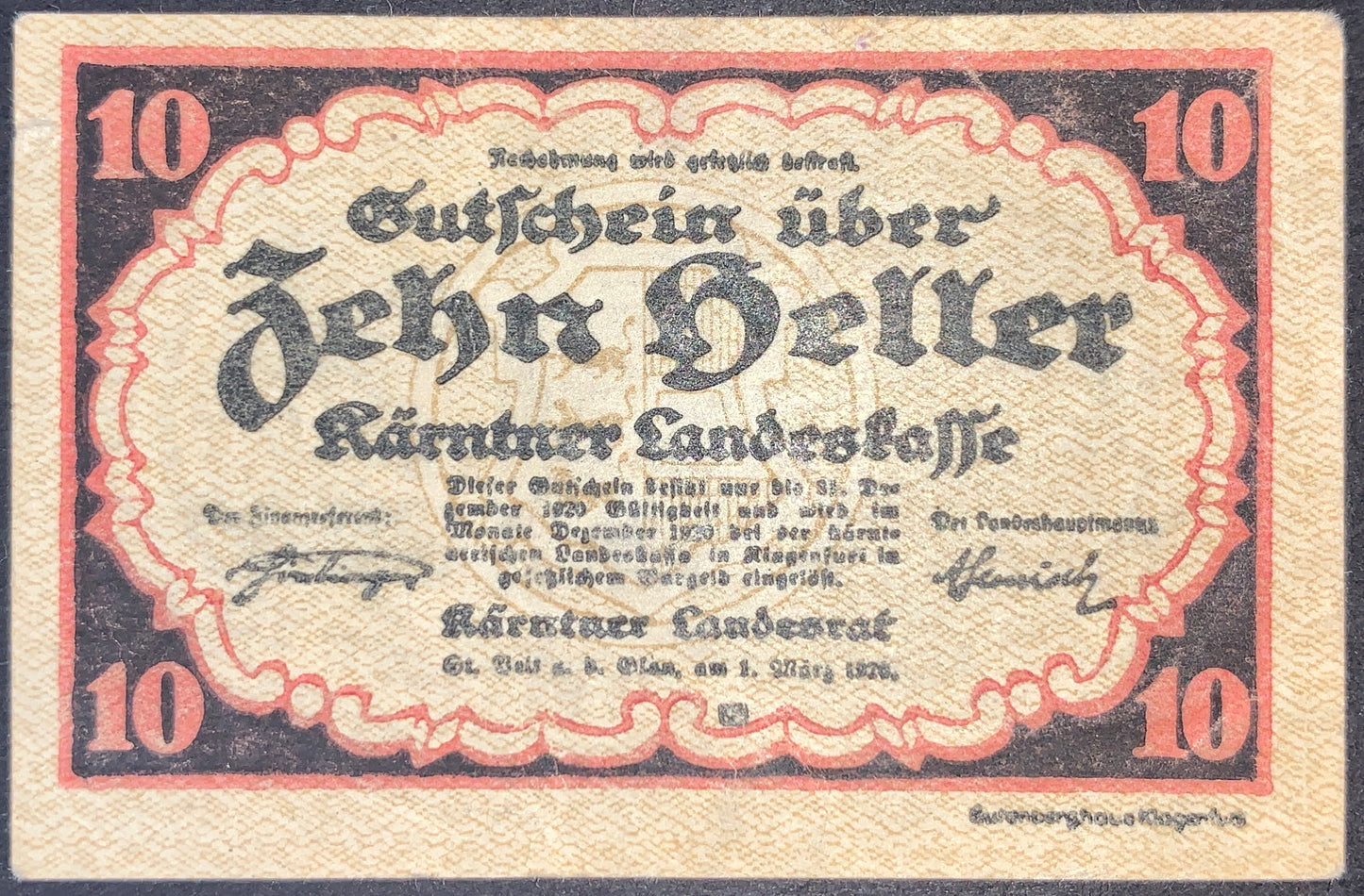 Austria Carinthia 10 Heller 1920 notgeld banknote front issued by Kärntner Landeskasse, featuring ornate border design, Gothic lettering, and emergency currency inscriptions