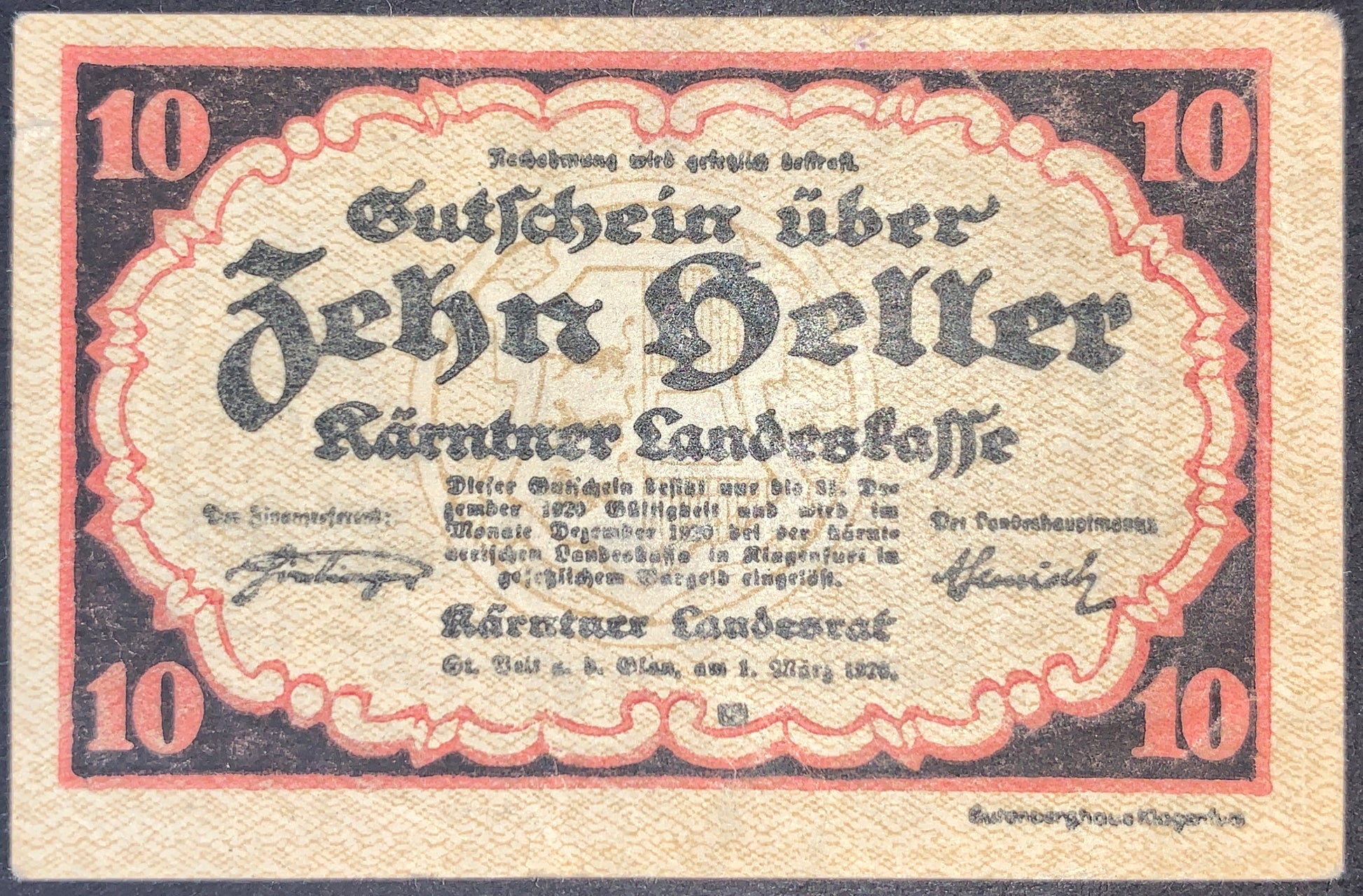 Austria Carinthia 10 Heller 1920 notgeld banknote front issued by Kärntner Landeskasse, featuring ornate border design, Gothic lettering, and emergency currency inscriptions
