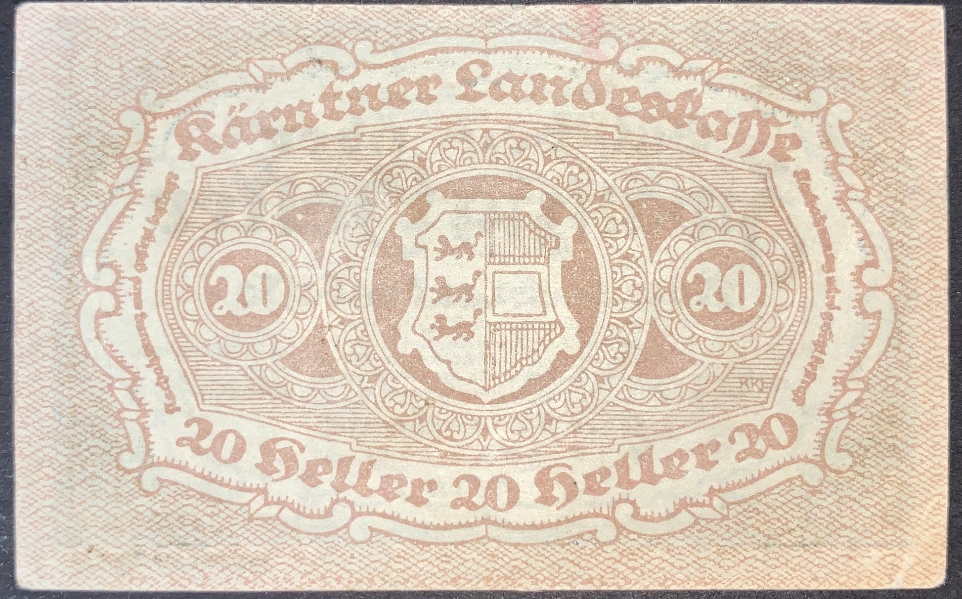 Austria Carinthia 20 Heller 1920 notgeld banknote reverse displaying Carinthian coat of arms, ornamental frame design, and denomination markings in detailed engraving style