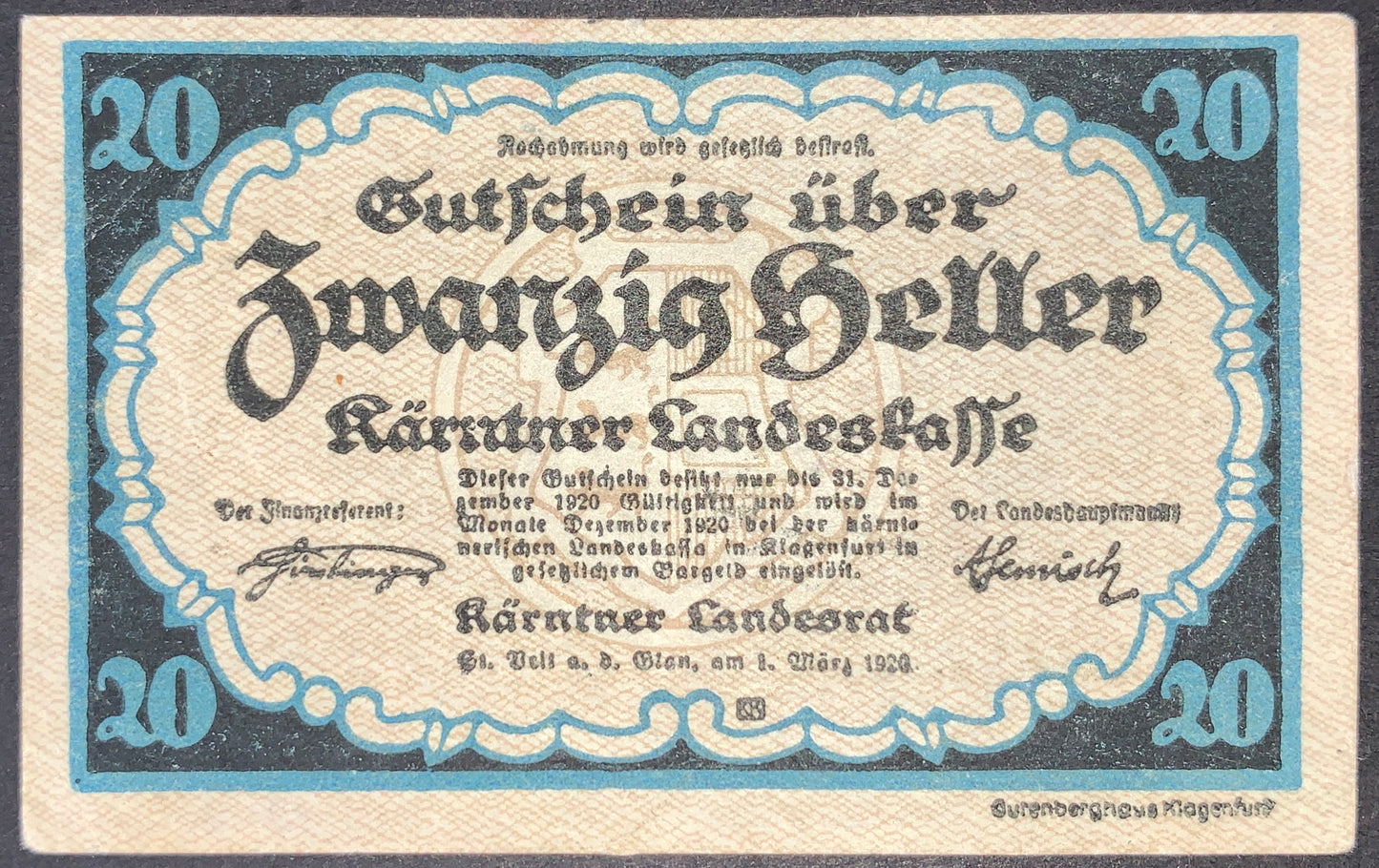 Austria Carinthia 20 Heller 1920 notgeld banknote front issued by Kärntner Landeskasse, featuring blue and black design, Gothic typography, and historic Austrian emergency money details