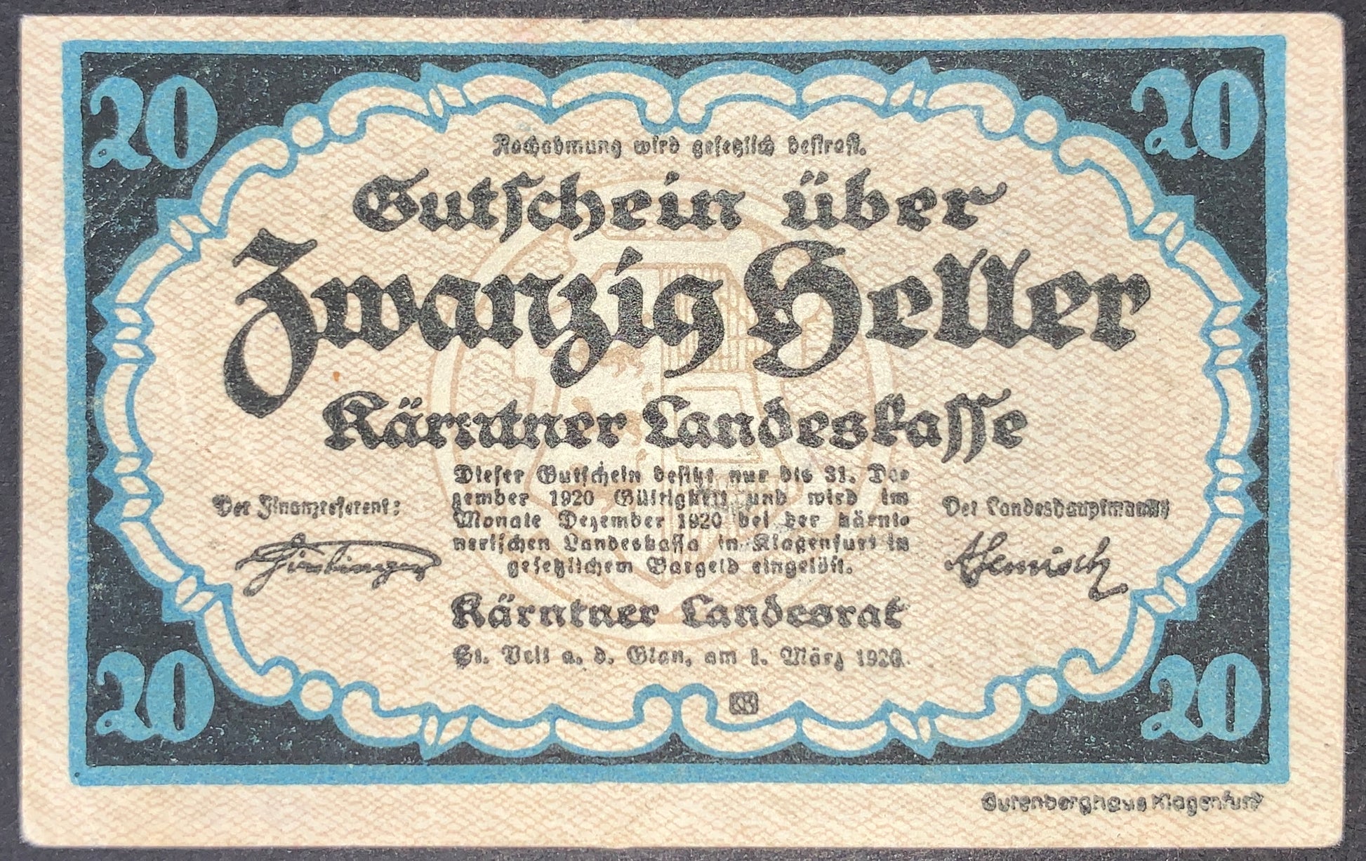Austria Carinthia 20 Heller 1920 notgeld banknote front issued by Kärntner Landeskasse, featuring blue and black design, Gothic typography, and historic Austrian emergency money details