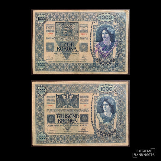 Austro-Hungary 1000 Kronen 1902 VF overprint – front and back