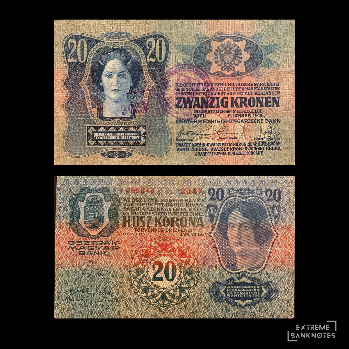 Austro-Hungary 20 Korona 1913 VF overprint – front and back