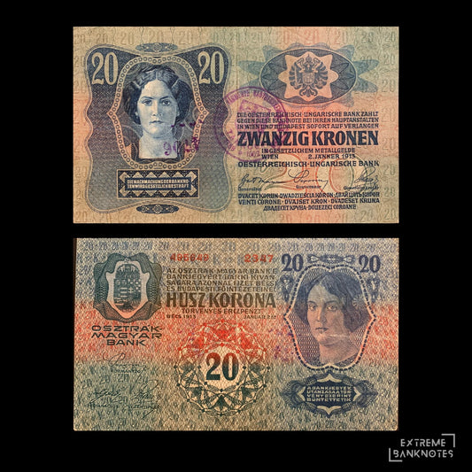 Austro-Hungary 20 Korona 1913 VF overprint – front and back