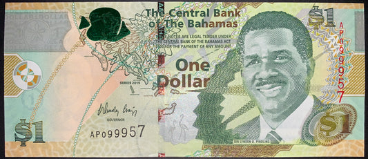 front of Bahamas 1 Dollar 2015 P-71A UNC collectible banknote with map, fish, and portrait o Sir Lynden Pindling