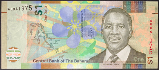 front of Bahamas 1 Dollar 2017 P-77 UNC collectible banknote with portrait of Sir Lynden Pindling, map of the Bahamas, and flower