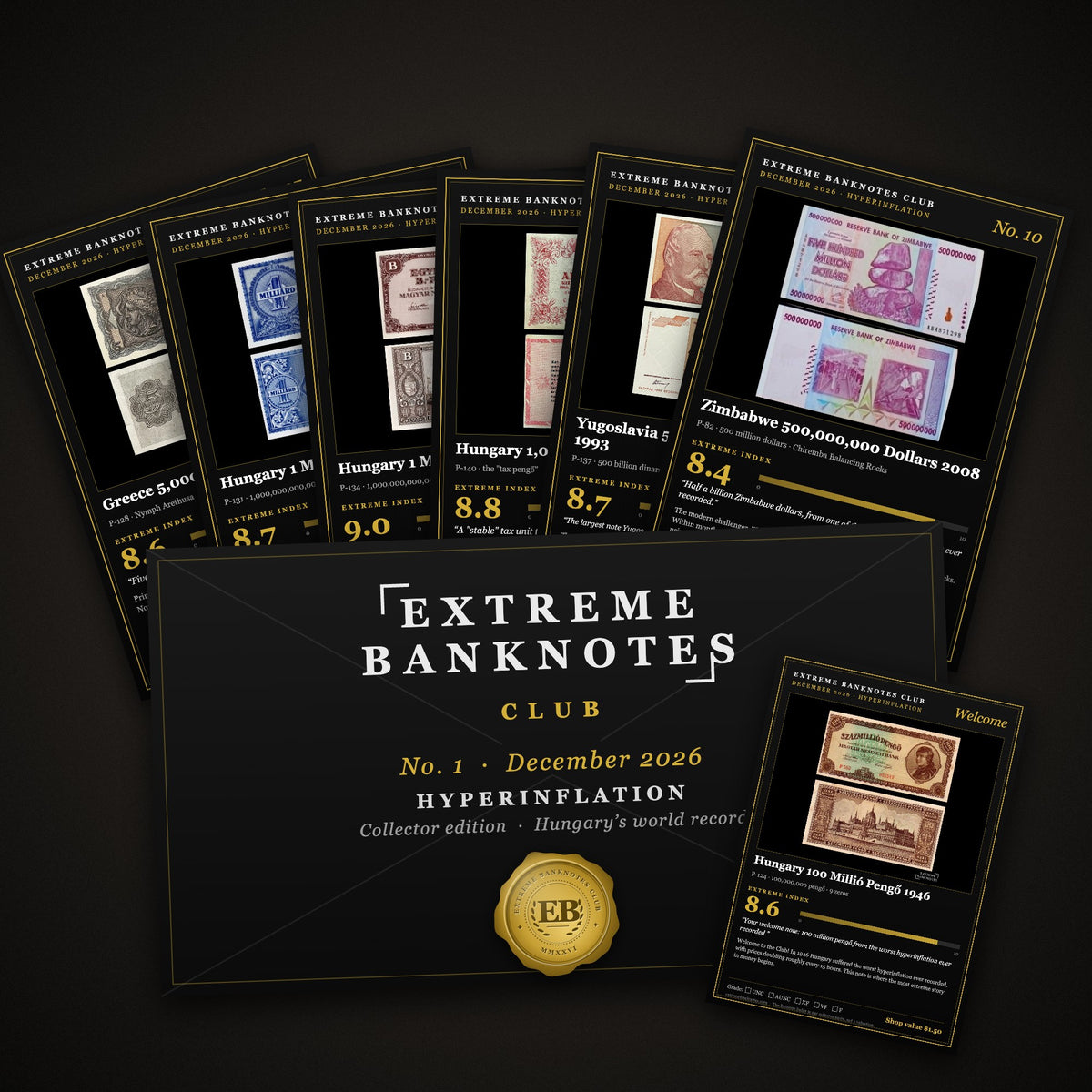 Extreme Banknotes Club Collector envelope No. 1, December 2026, Hyperinflation, with story cards fanned out
