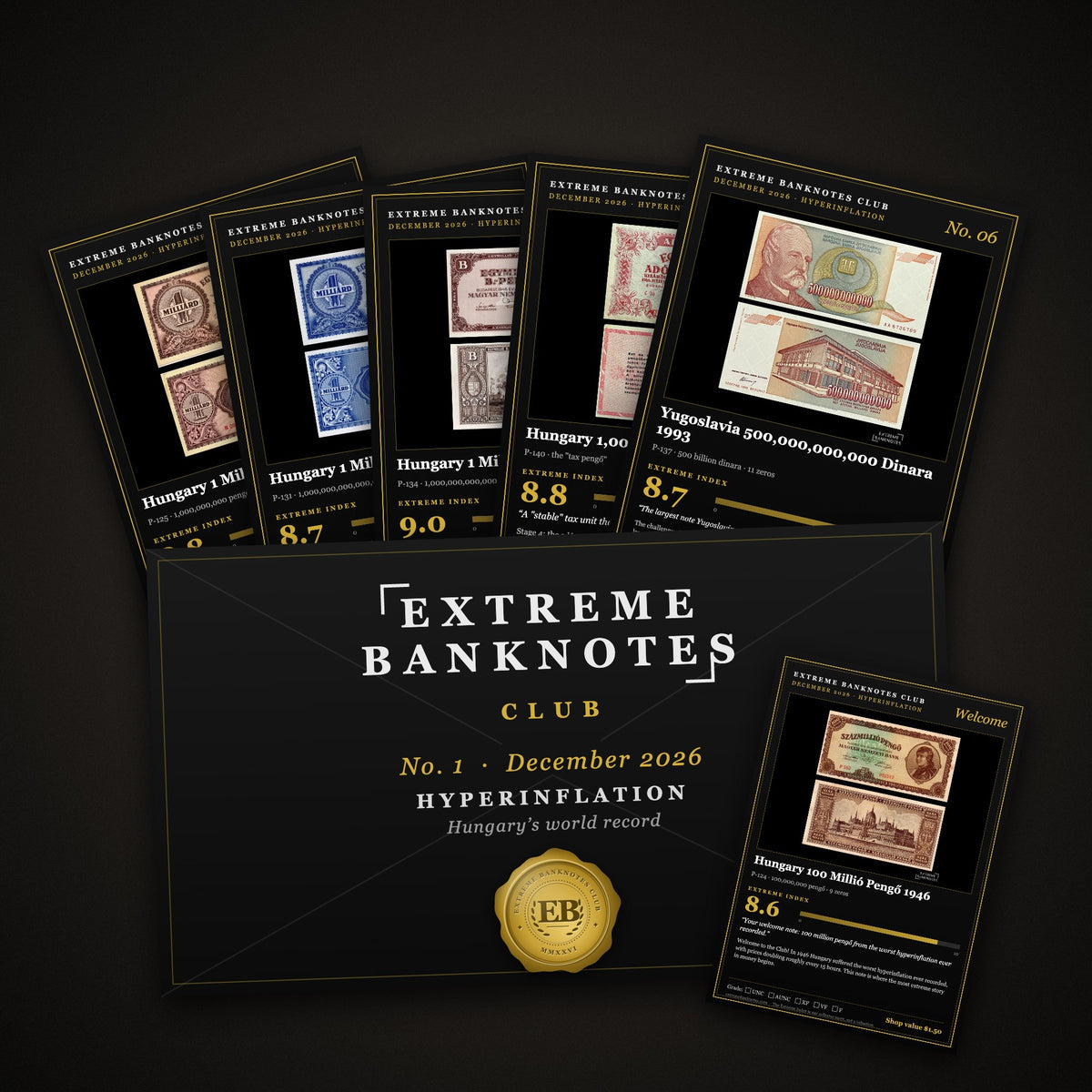 Extreme Banknotes Club envelope No. 1, December 2026, Hyperinflation, with story cards for Hungarian pengő and Yugoslav dinar banknotes