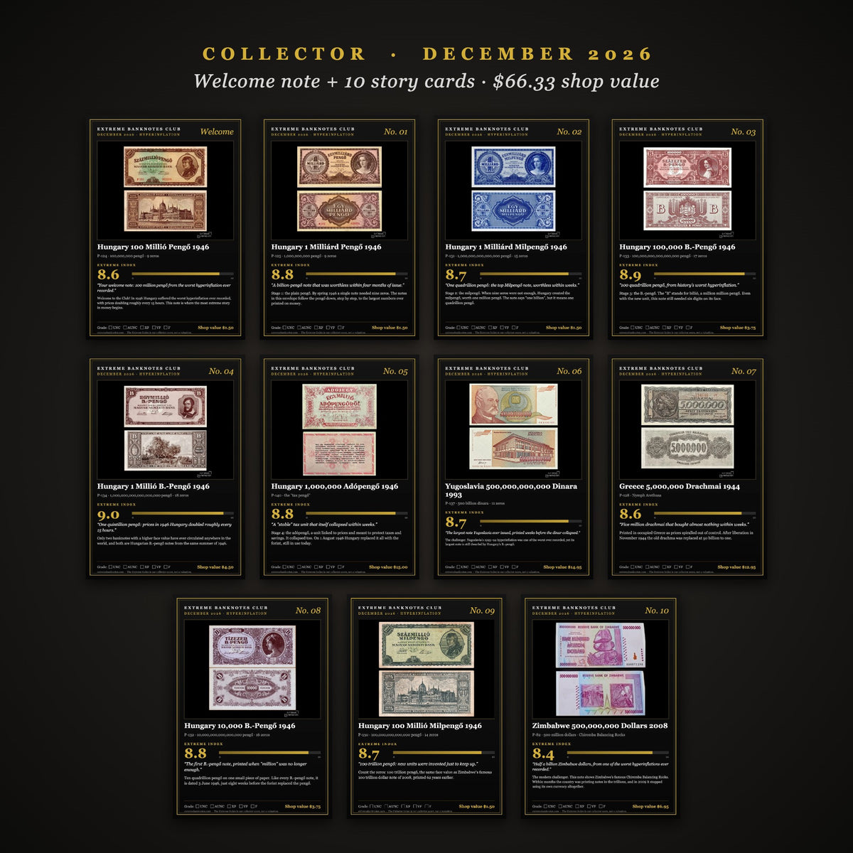Collector December 2026 story cards: welcome note and ten hyperinflation banknotes from Hungary, Yugoslavia, Greece and Zimbabwe