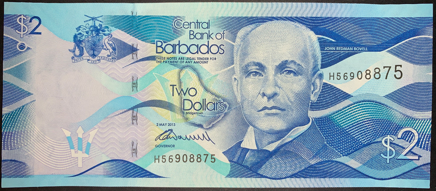 Barbados 2 Dollars 2013 P-73a banknote front showing John Redman Bovell portrait, map of Barbados, national trident symbol, and detailed blue security patterns