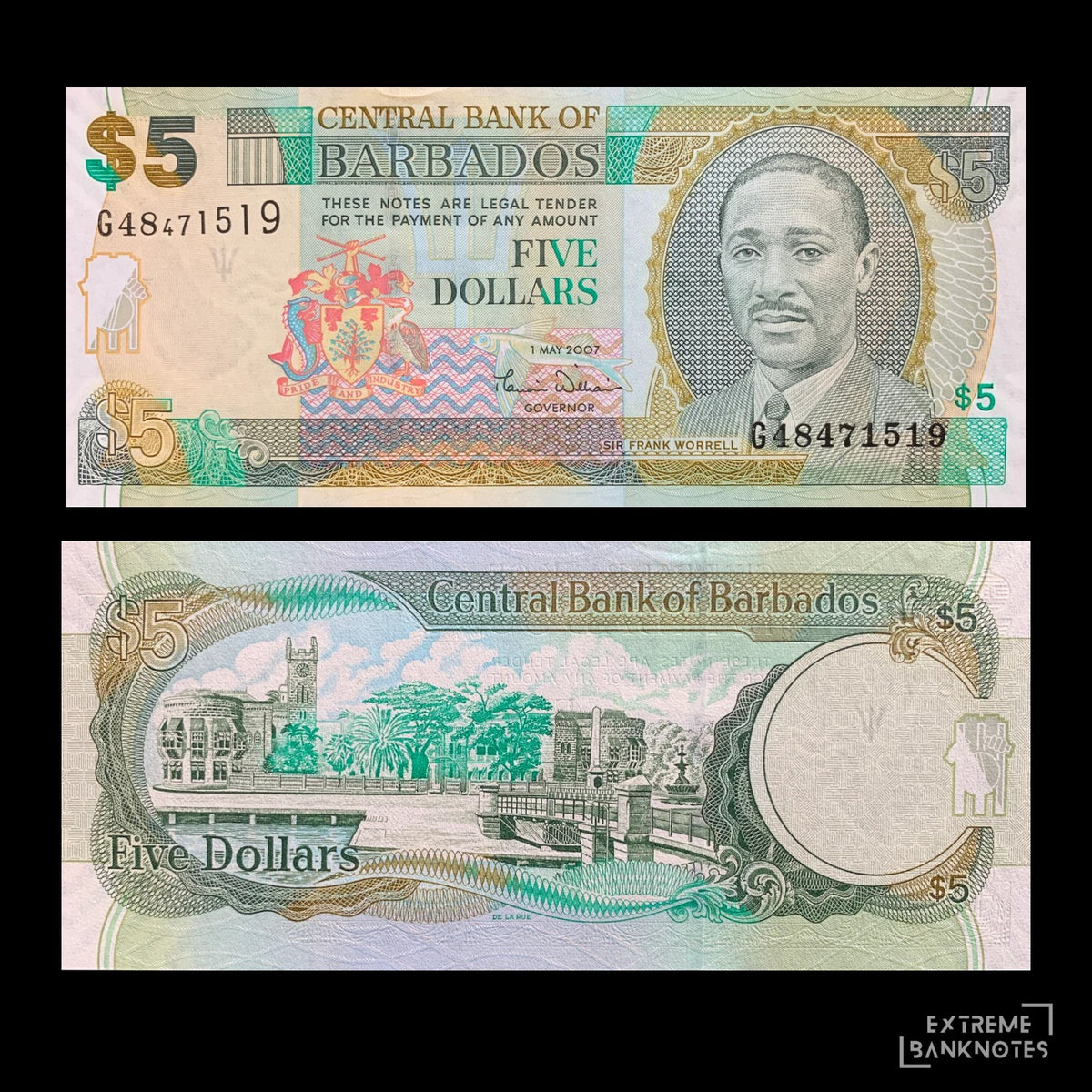 Barbados 5 Dollars 2007 P-67a UNC – front and back