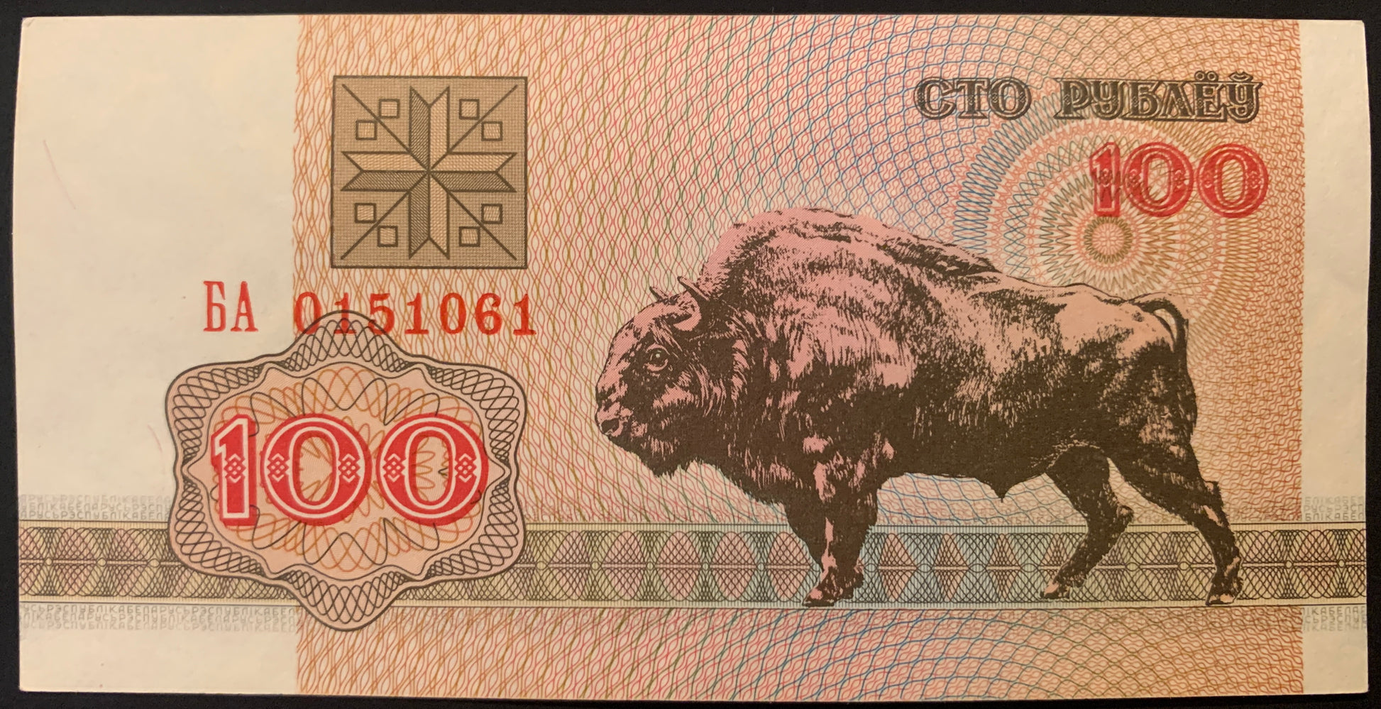 Belarus 100 Roubles 1992 P-8 UNC collectible banknote with buffalo