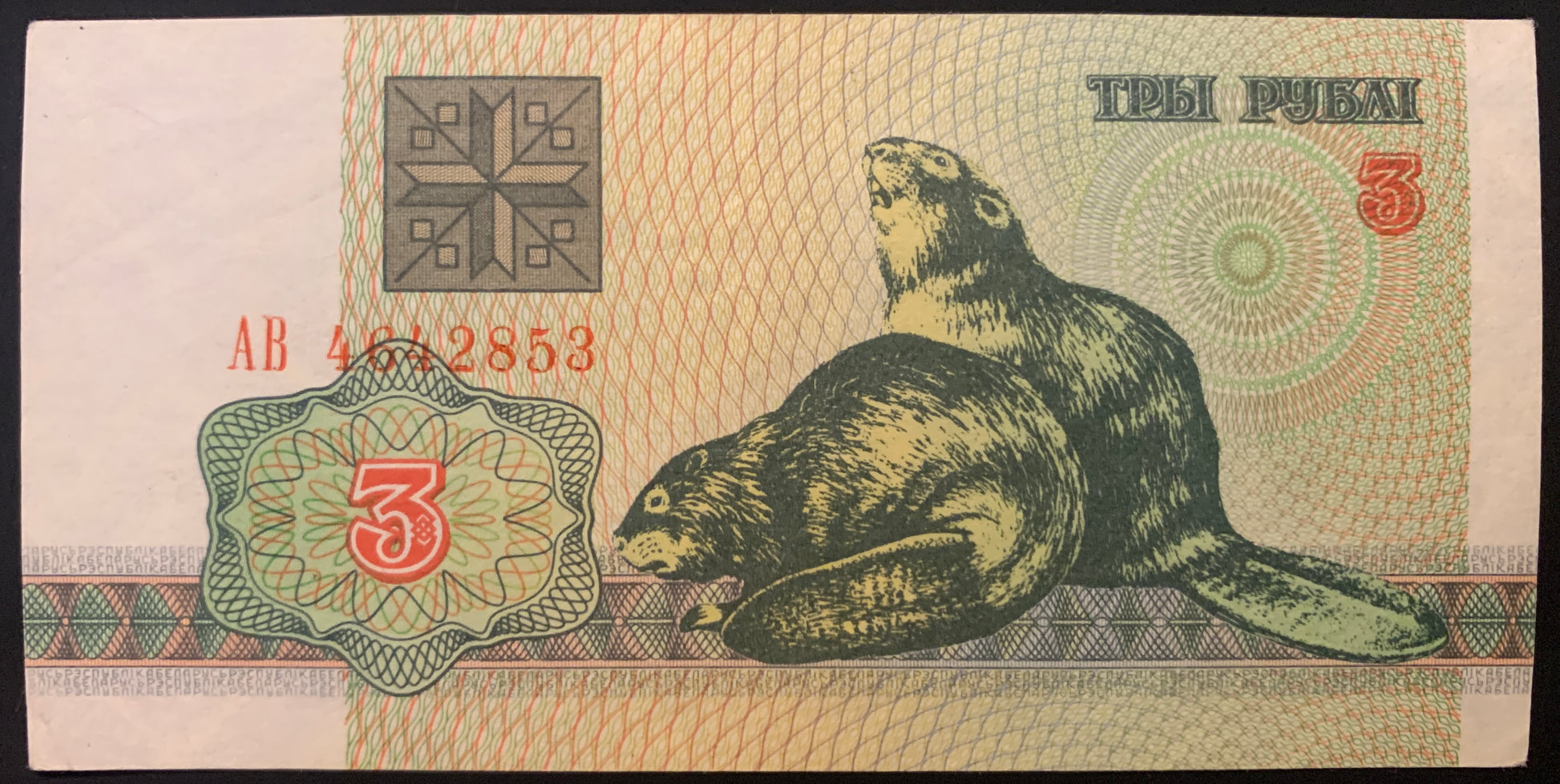 Belarus 3 Roubles 1992 P-3 XF collectible banknote with beavers