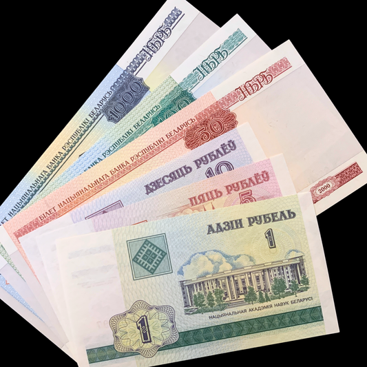 Bundle of belarussian banknotes on black background