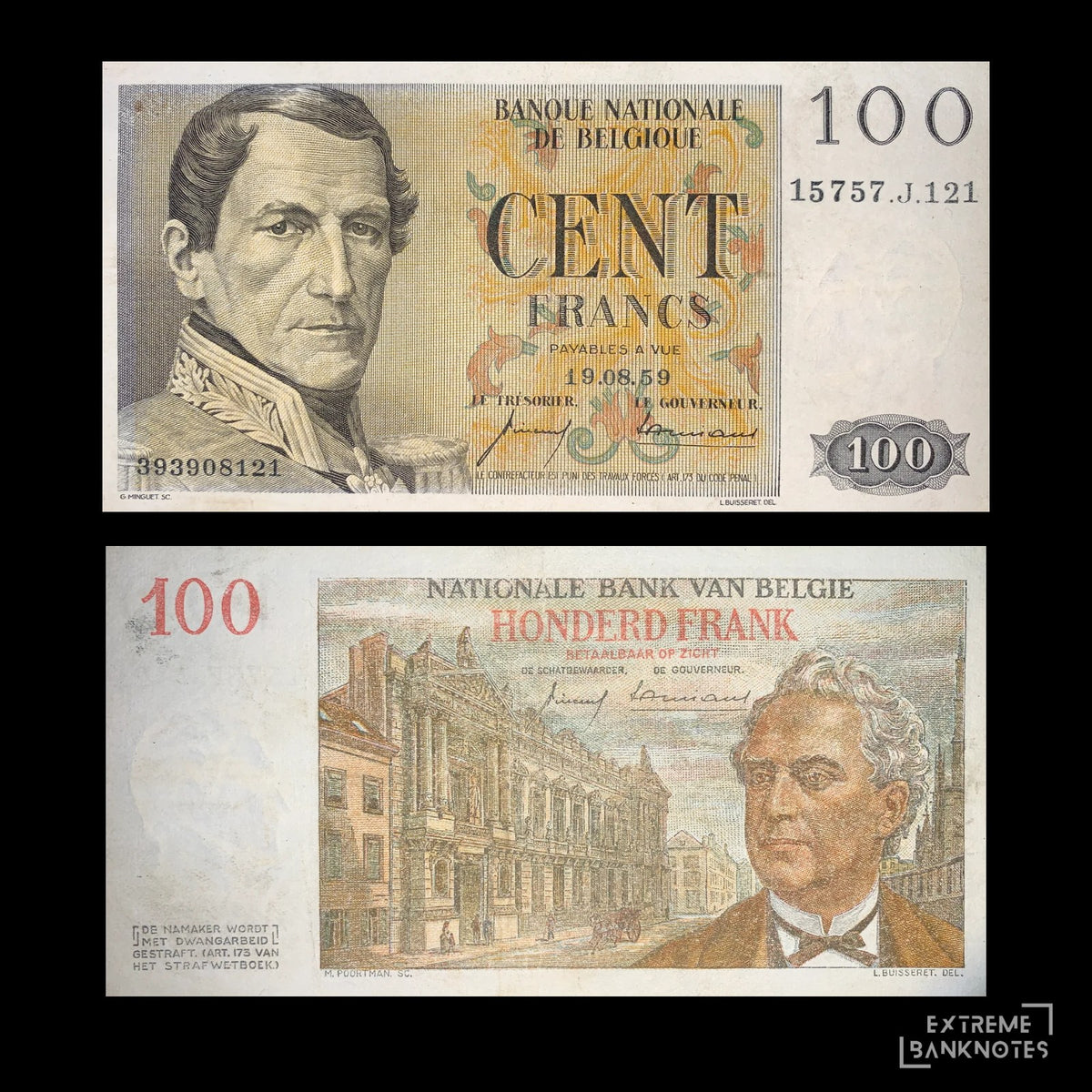 Belgium 100 Francs 1959 P-129c VF – front and back