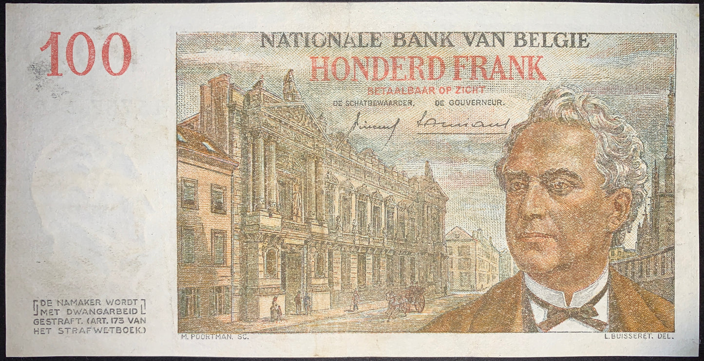 Authentic Belgium 100 Francs 1959 P-129c banknote reverse featuring Walthère Frère-Orban portrait, historic Belgian architecture, Dutch-language inscriptions, vintage Belgian Franc collectible currency note.