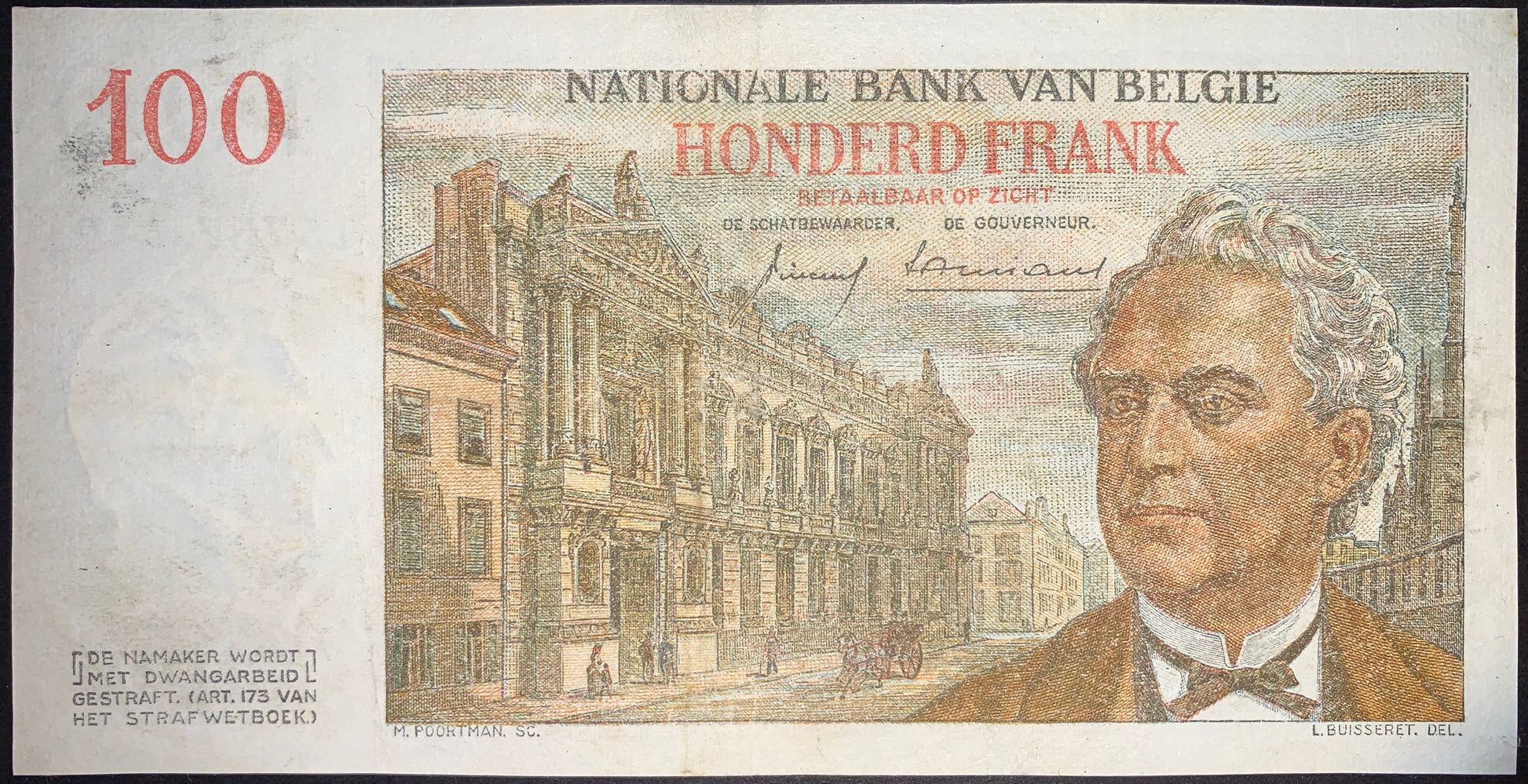 Authentic Belgium 100 Francs 1959 P-129c banknote reverse featuring Walthère Frère-Orban portrait, historic Belgian architecture, Dutch-language inscriptions, vintage Belgian Franc collectible currency note.