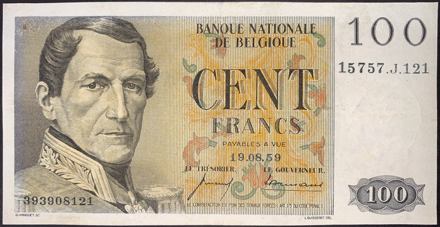 Original Belgium 100 Francs 1959 P-129c banknote obverse with portrait of King Leopold I, ornate multicolor underprint, French-language denomination, National Bank of Belgium vintage paper money.