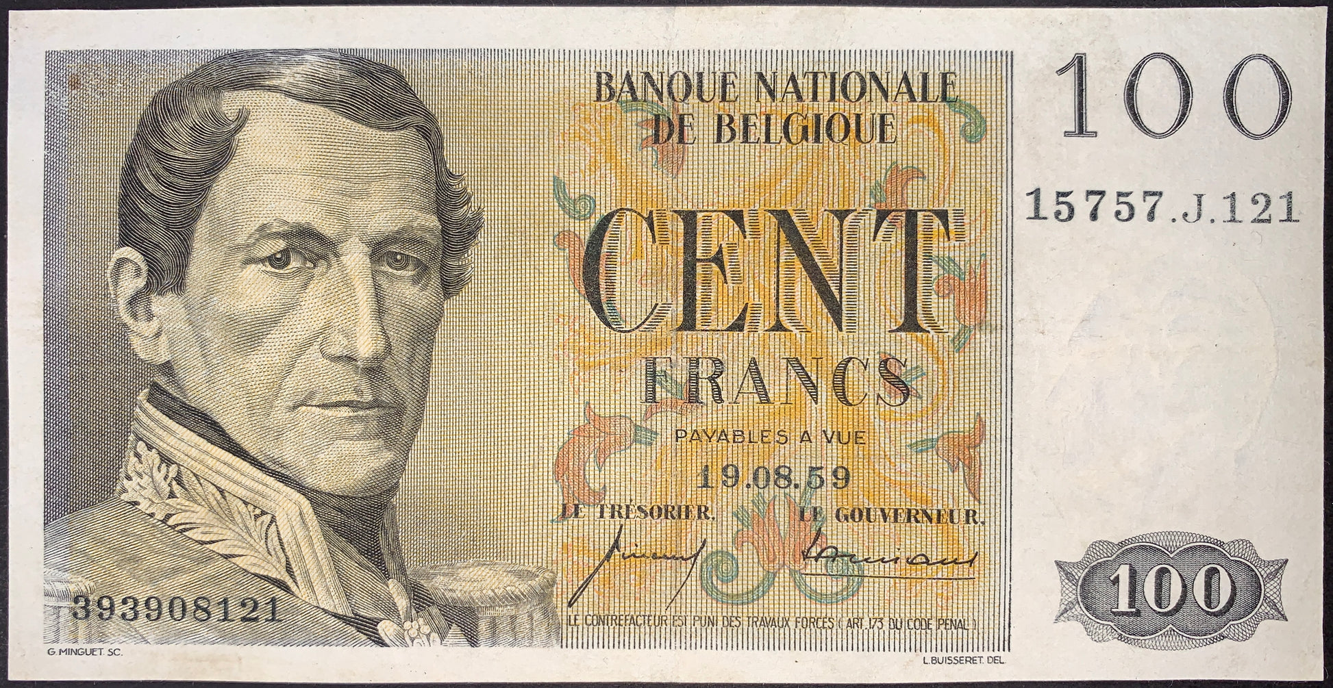 Original Belgium 100 Francs 1959 P-129c banknote obverse with portrait of King Leopold I, ornate multicolor underprint, French-language denomination, National Bank of Belgium vintage paper money.