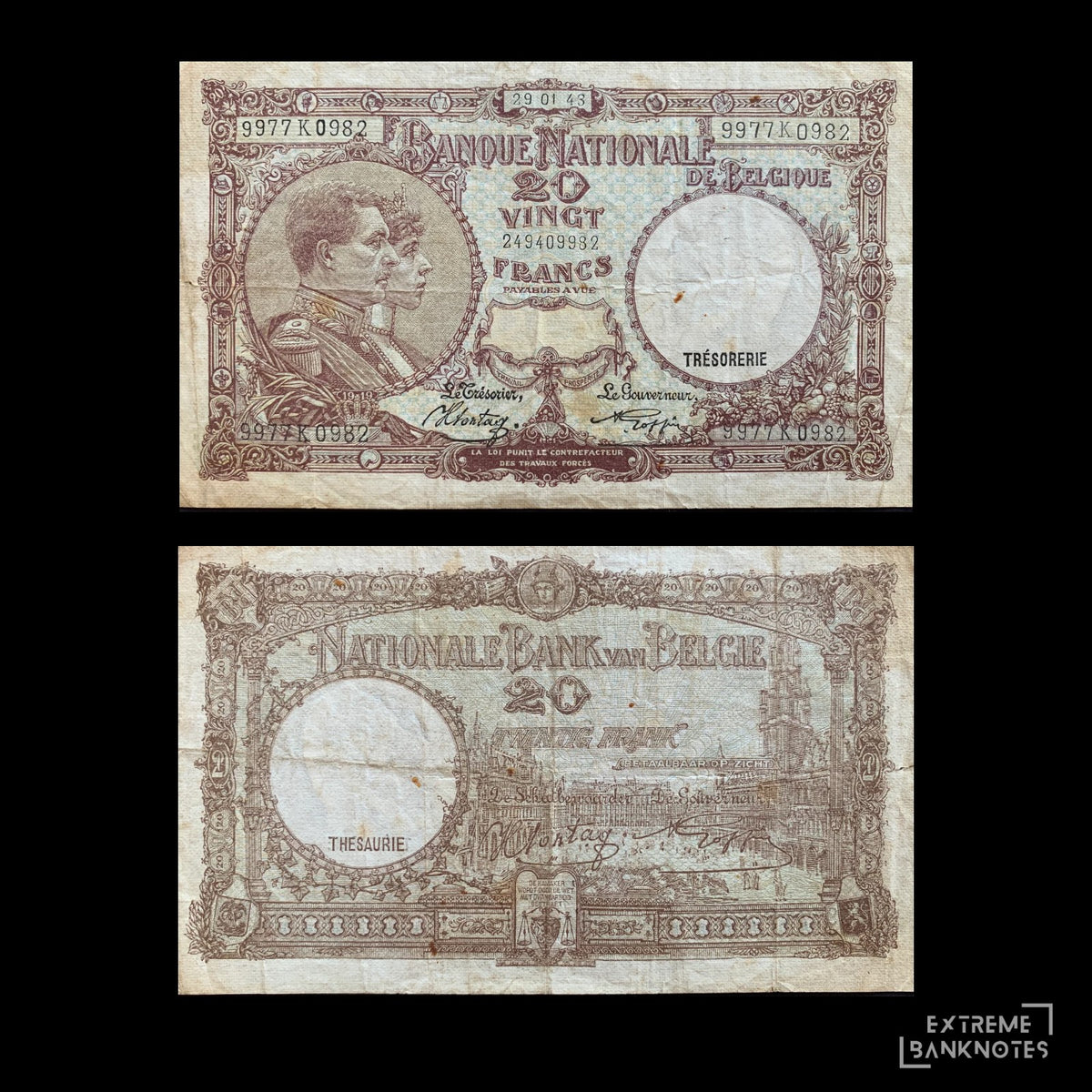 Belgium 20 Francs 1943 P-111 VF – front and back