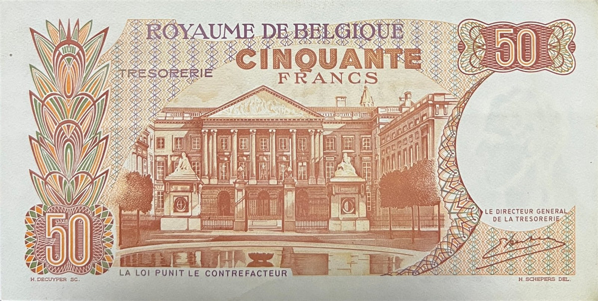 Back view of a 1966 Belgium 50 Francs banknote showing the Palace of the Nation, the Belgian Parliament in Brussels.
