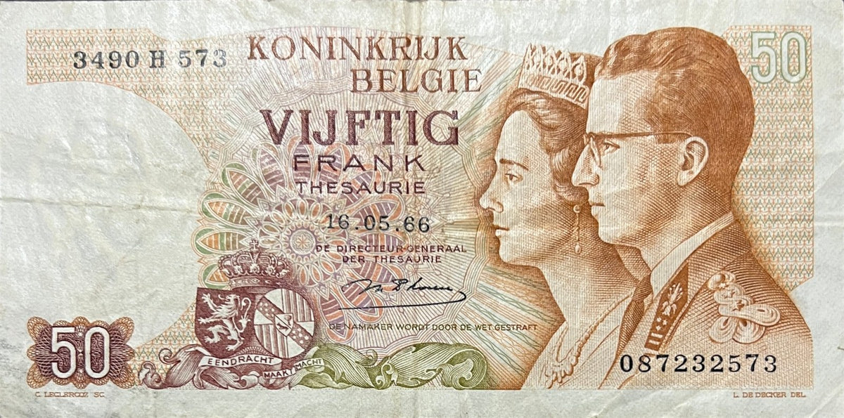 Front view of a very fine 1966 Belgium 50 Francs banknote featuring King Baudouin and Queen Fabiola in profile.